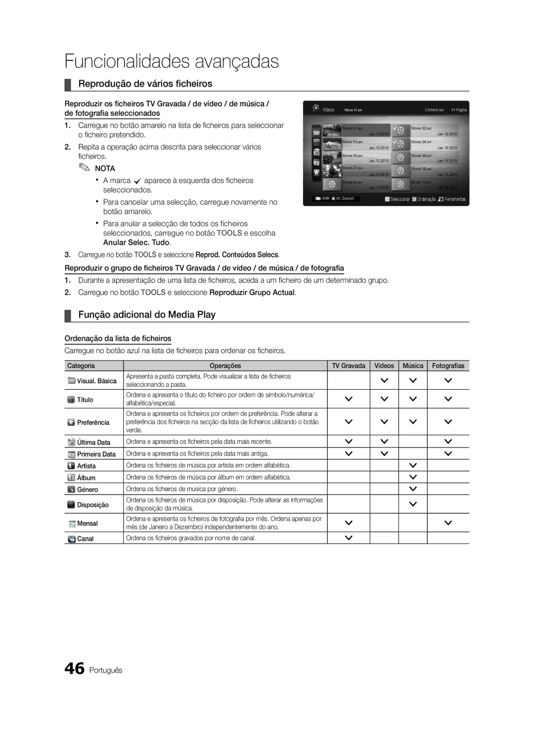 Samsung UE55C9000SWXZF, UE55C9000ZWXXC, UE46C9000ZWXXN manual Reprodução de vários ficheiros, Função adicional do Media Play 