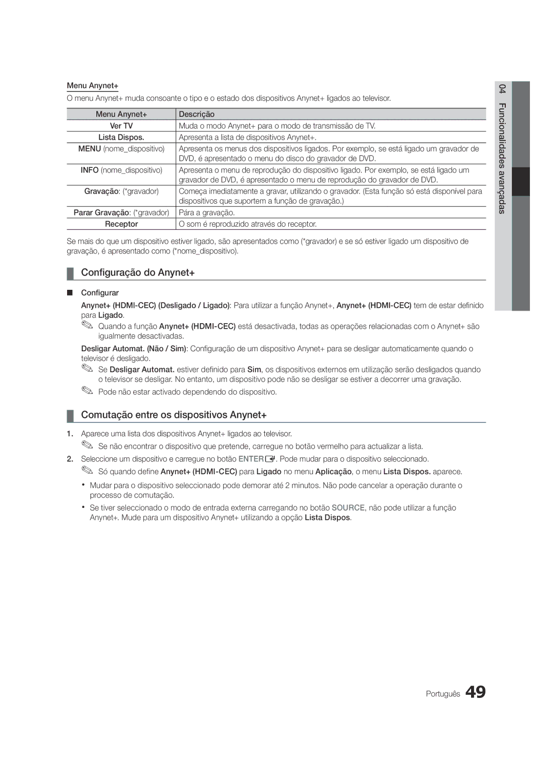 Samsung UE55C9000ZWXZF, UE55C9000ZWXXC, UE46C9000ZWXXN Configuração do Anynet+, Comutação entre os dispositivos Anynet+ 