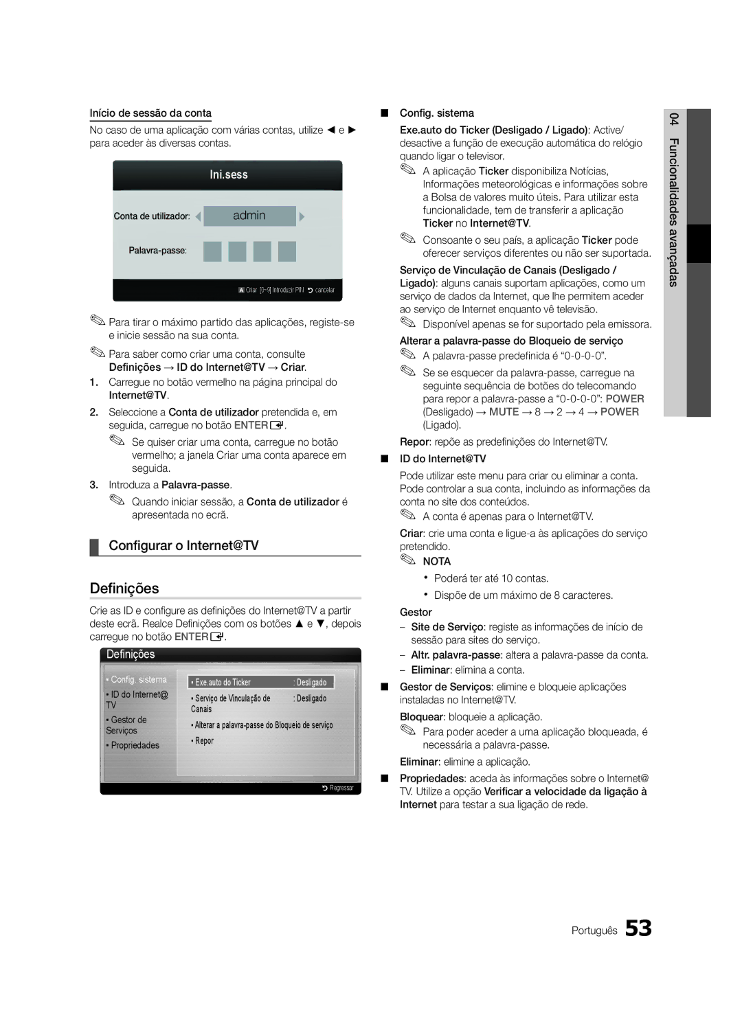 Samsung UE55C9000SWXXH manual Configurar o Internet@TV, Ini.sess, Sessão para sites do serviço, Eliminar elimina a conta 