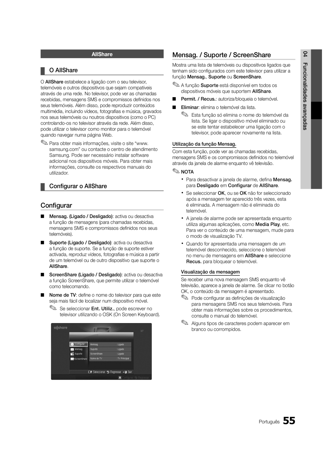 Samsung UE55C9000ZWXXH, UE55C9000ZWXXC, UE46C9000ZWXXN manual Mensag. / Suporte / ScreenShare, Configurar o AllShare 