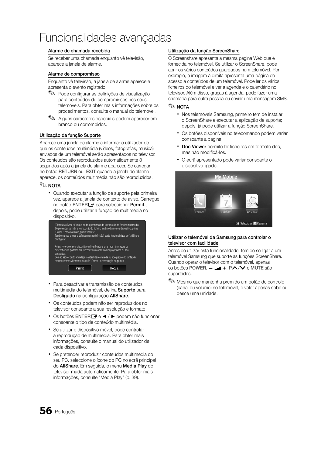 Samsung UE46C9000ZWXXH, UE55C9000ZWXXC, UE46C9000ZWXXN, UE55C9000SWXXN manual My Mobile, Utilização da função ScreenShare 