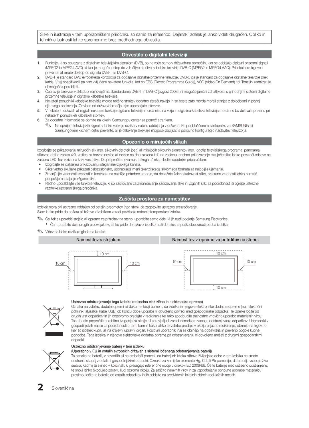 Samsung UE46C9000ZWXXC Zaščita prostora za namestitev, Namestitev s stojalom, Namestitev z opremo za pritrditev na steno 