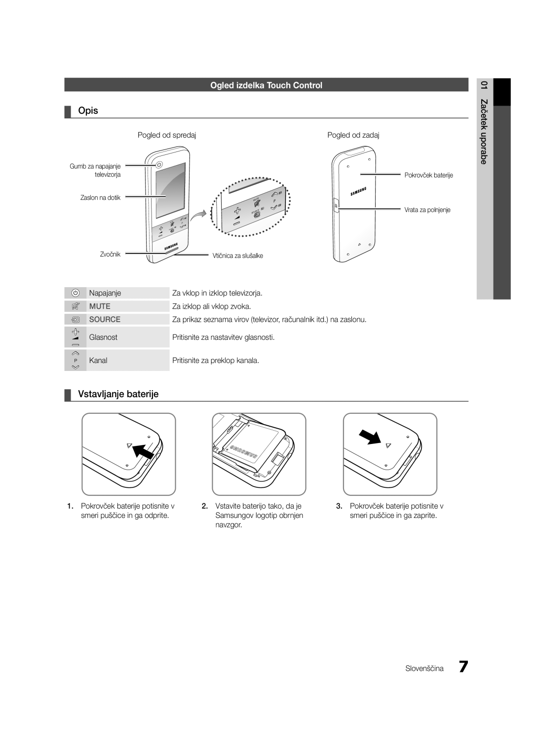 Samsung UE46C9000SWXXC manual Ogled izdelka Touch Control, Pogled od spredaj Pogled od zadaj, Za izklop ali vklop zvoka 