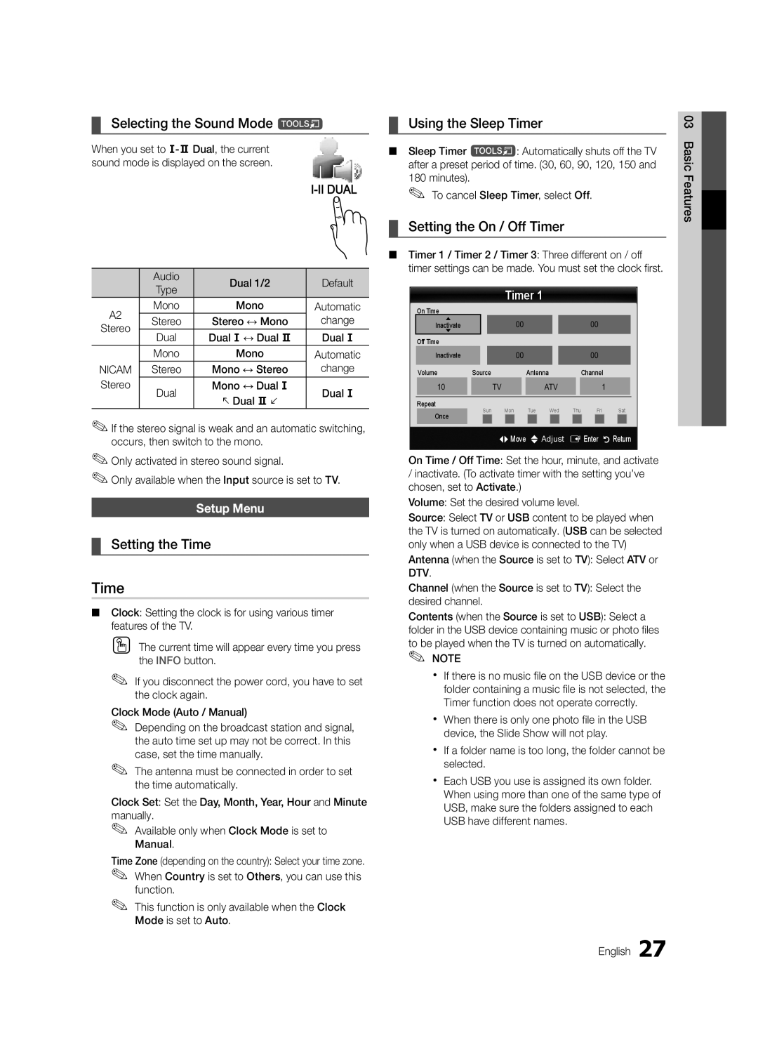 Samsung UE46C9000ZWXXC Selecting the Sound Mode t, Setting the Time, Using the Sleep Timer, Setting the On / Off Timer 