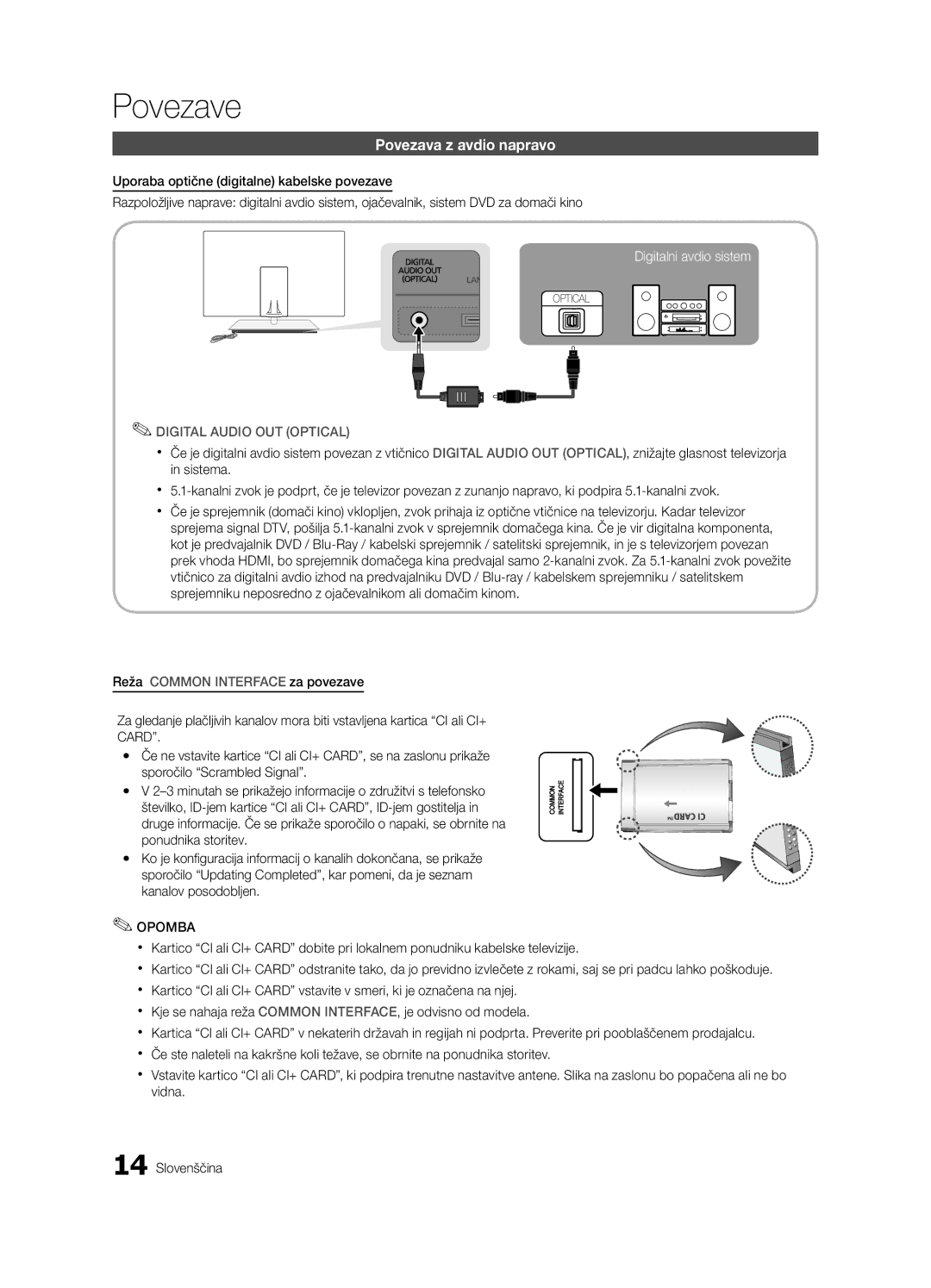 Samsung UE40C9000SWXZG, UE55C9000ZWXXC, UE46C9000ZWXXN manual Povezava z avdio napravo, Reža Common Interface za povezave 