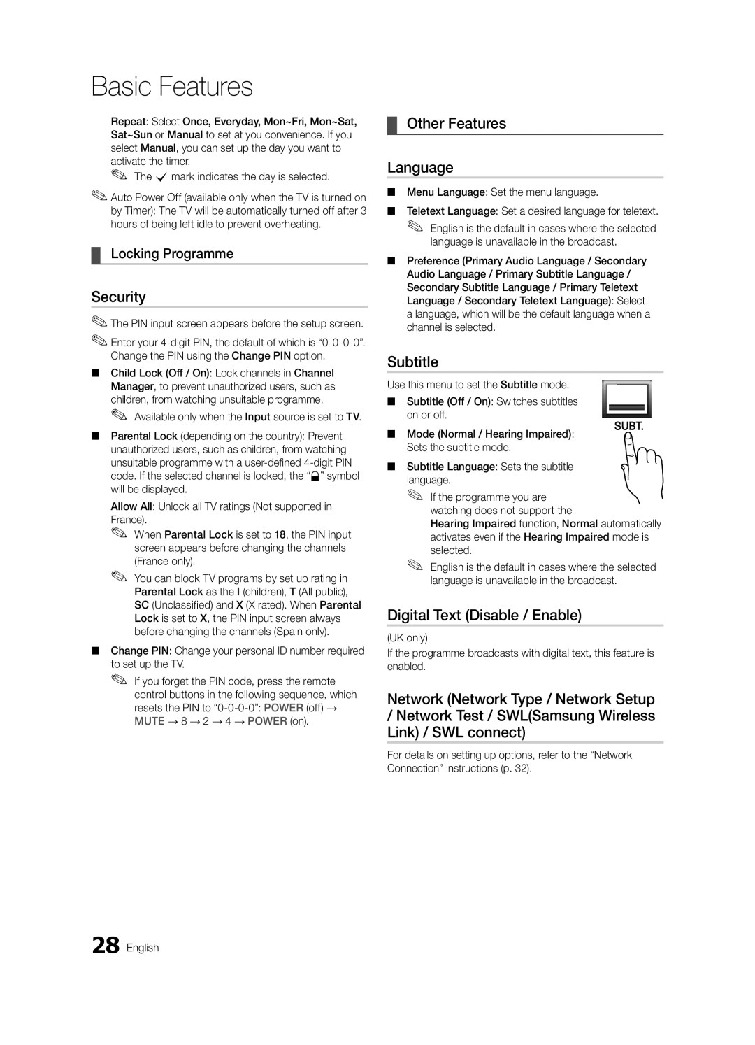Samsung UE55C9000SWXZF manual Security, Other Features Language, Subtitle, Digital Text Disable / Enable, Locking Programme 