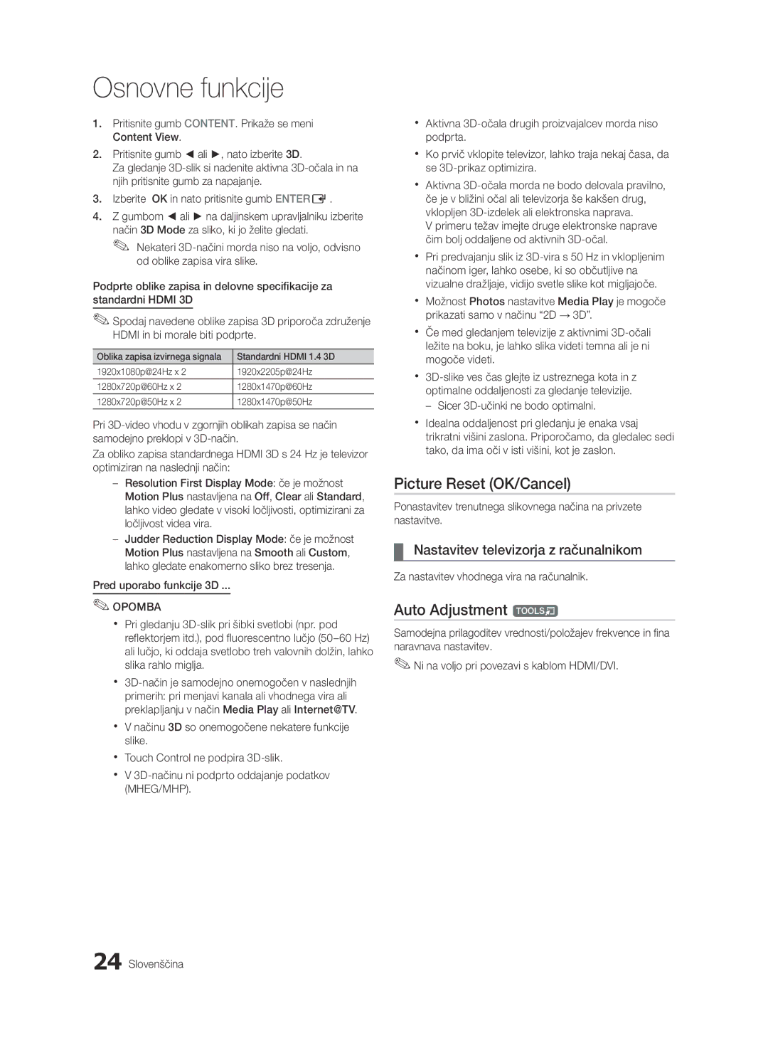 Samsung UE55C9000SWXZF manual Picture Reset OK/Cancel, Nastavitev televizorja z računalnikom, Pred uporabo funkcije 3D 