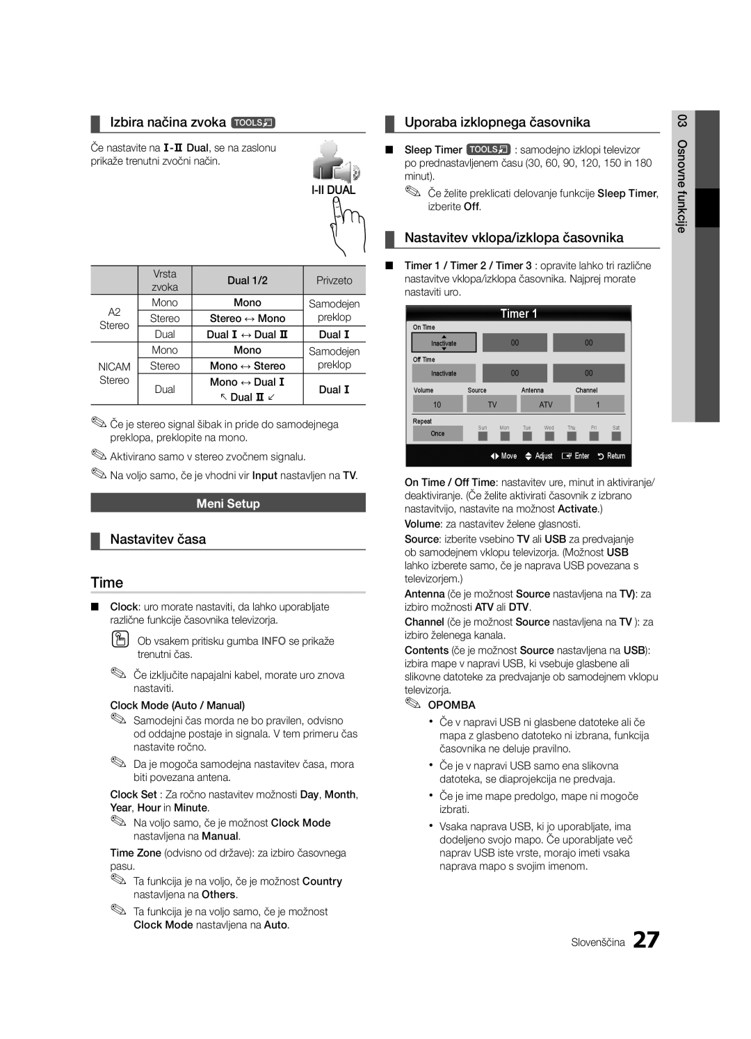 Samsung UE55C9000ZWXZF, UE55C9000ZWXXC Izbira načina zvoka t, Nastavitev časa, Uporaba izklopnega časovnika, Meni Setup 