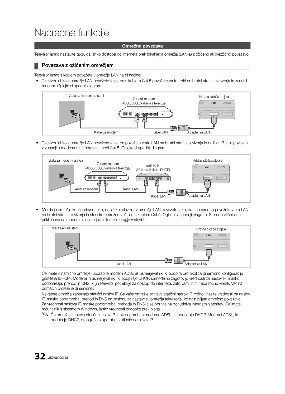 Samsung UE40C9000SWXXH manual Povezava z ožičenim omrežjem, Omrežna povezava, Vrata za modem na steni, Vrata LAN na steni 