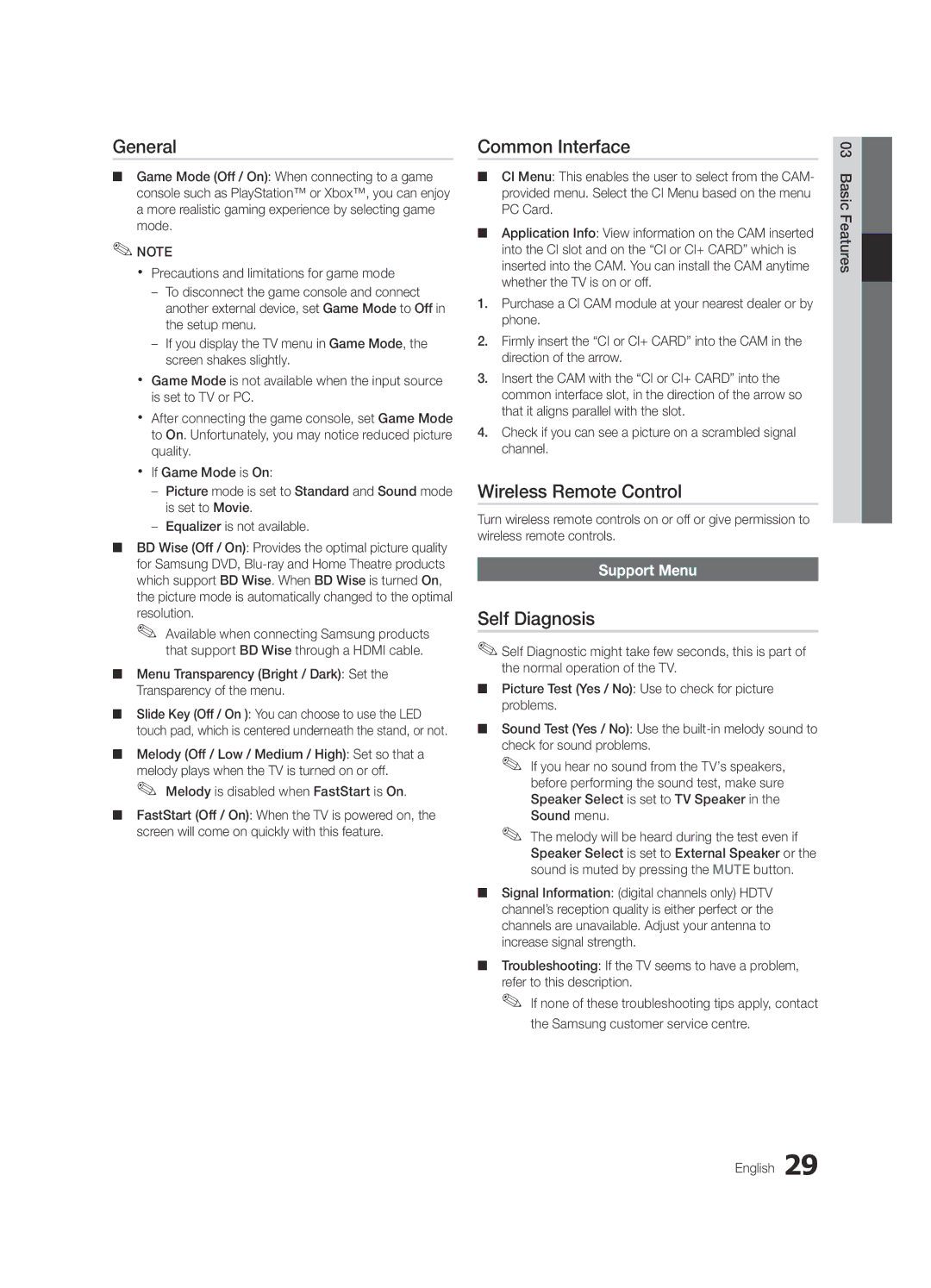 Samsung UE46C9000SWXZF, UE55C9000ZWXXC General, Common Interface, Wireless Remote Control, Self Diagnosis, Support Menu 