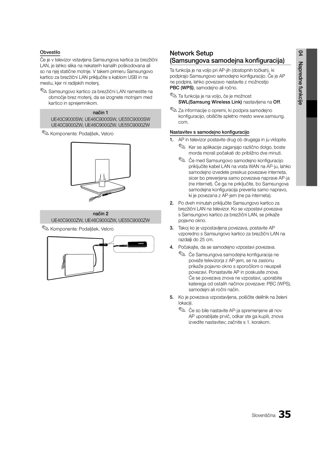 Samsung UE40C9000SWXZG, UE55C9000ZWXXC, UE46C9000ZWXXN, UE55C9000SWXXN manual Network Setup Samsungova samodejna konfiguracija 