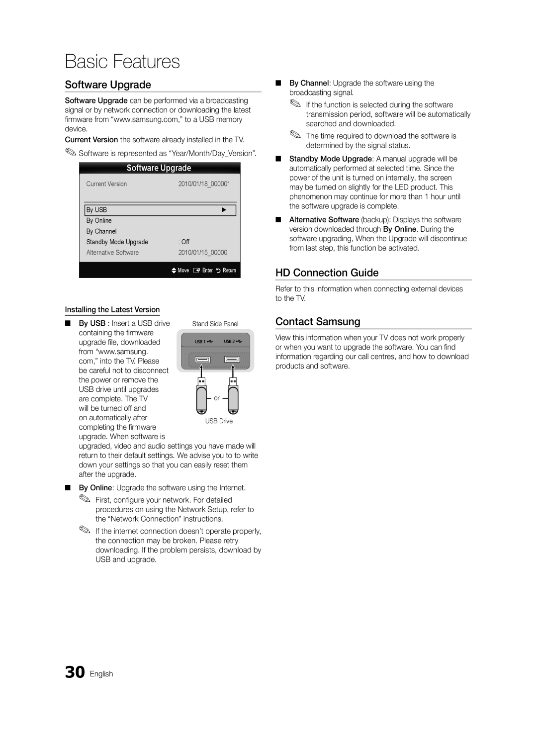 Samsung UE46C9000ZWXZF, UE55C9000ZWXXC, UE46C9000ZWXXN manual Software Upgrade, HD Connection Guide, Contact Samsung 