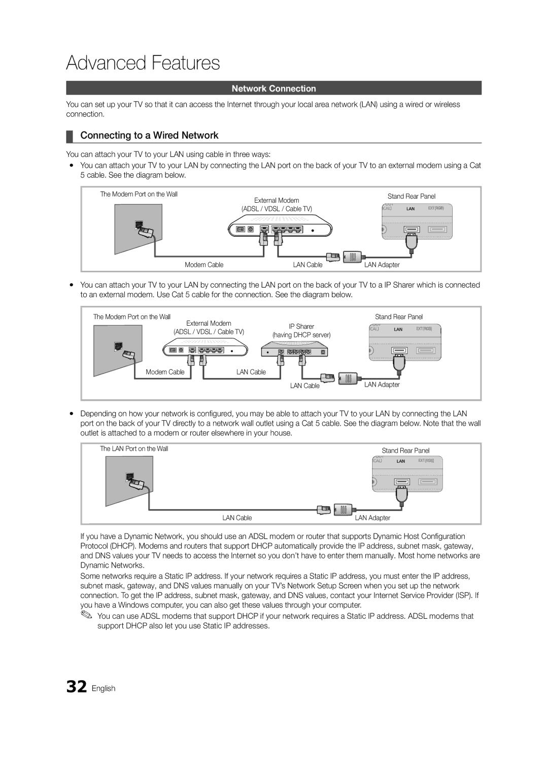 Samsung UE46C9000SWXXC, UE55C9000ZWXXC, UE46C9000ZWXXN, UE55C9000SWXXN Connecting to a Wired Network, Network Connection 