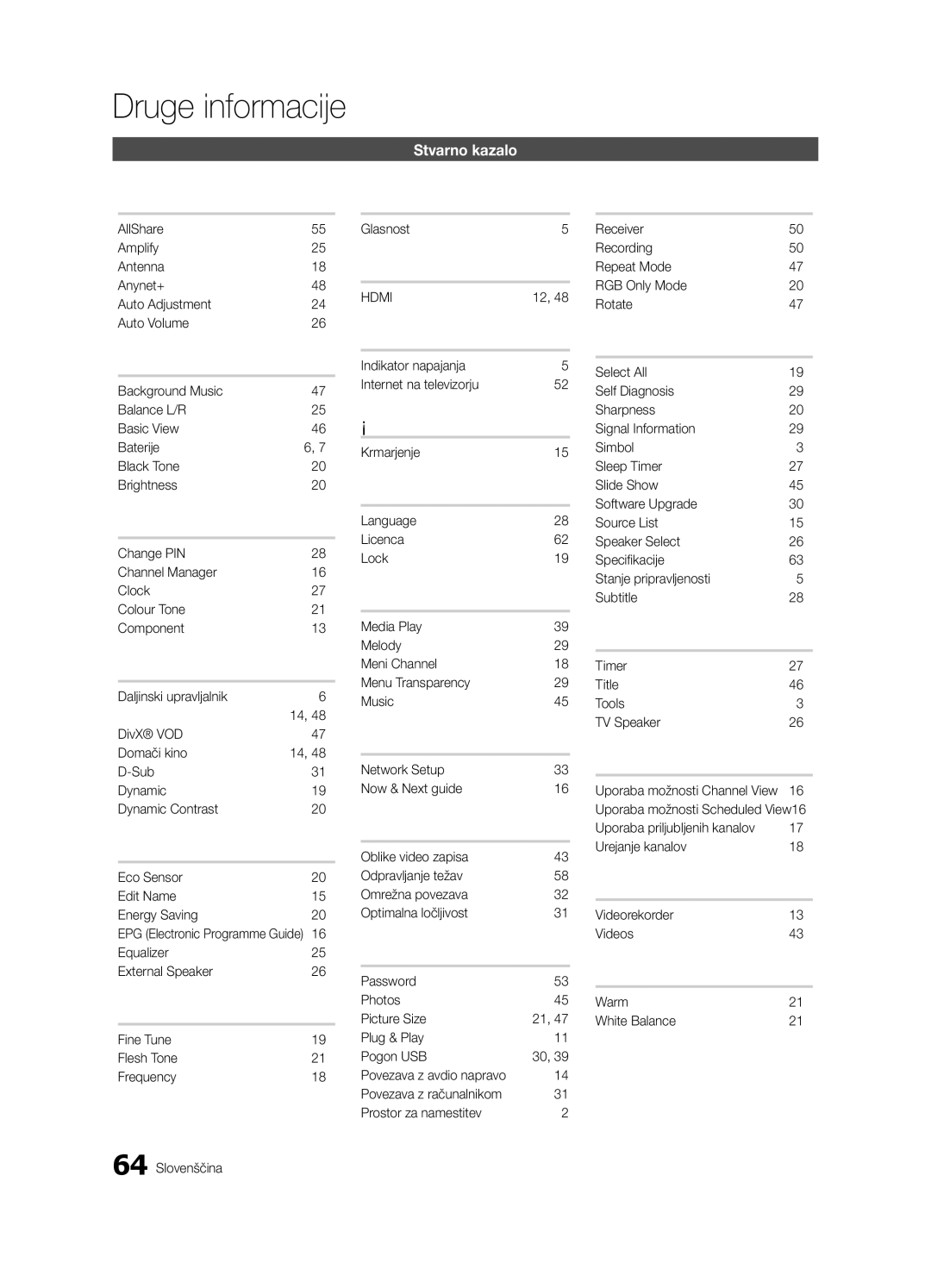 Samsung UE46C9000SWXXN, UE55C9000ZWXXC, UE46C9000ZWXXN, UE55C9000SWXXN manual Stvarno kazalo, EPG Electronic Programme Guide 