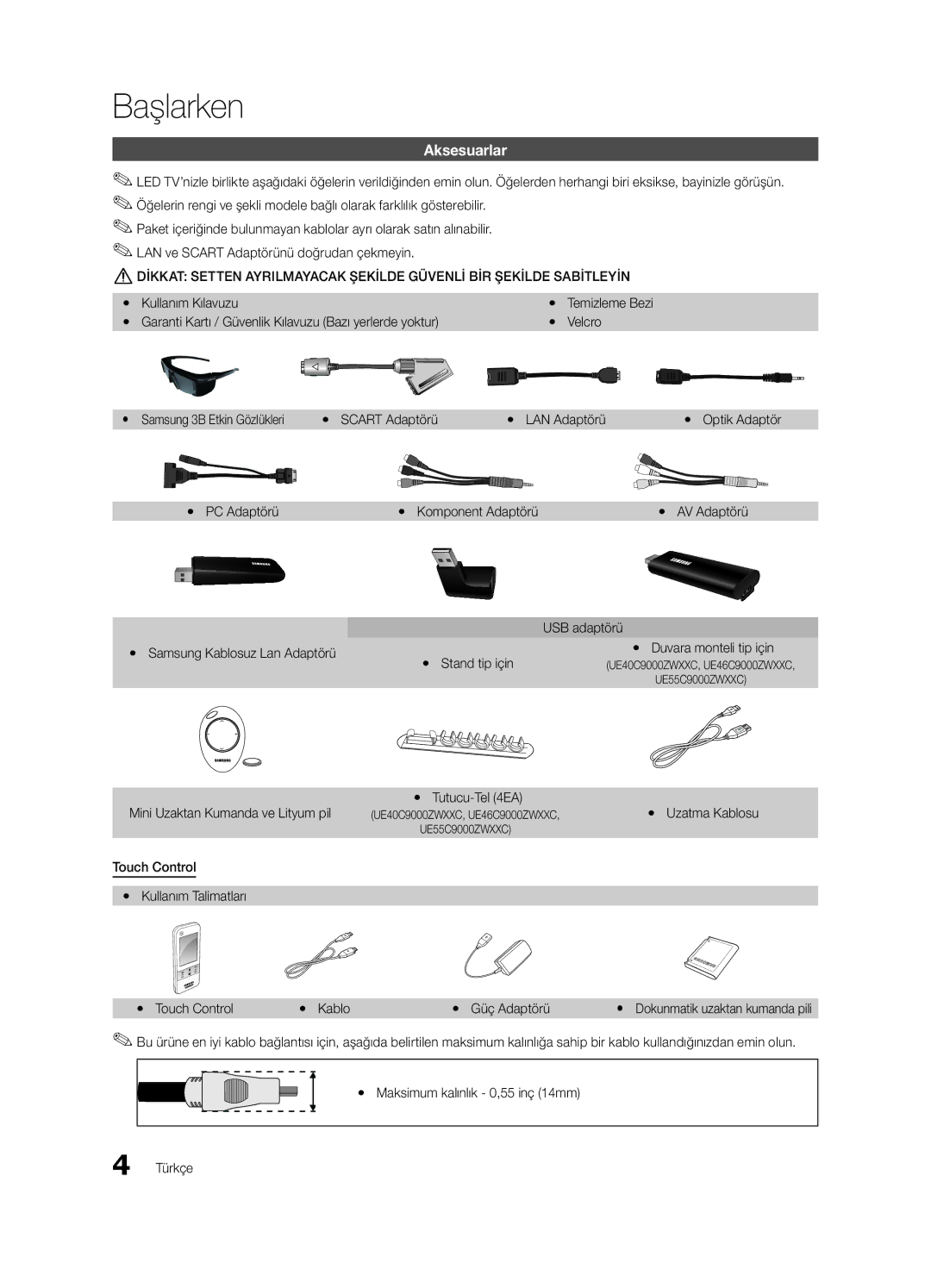 Samsung UE46C9000ZWXZF, UE55C9000ZWXXC, UE46C9000ZWXXN, UE55C9000SWXXN, UE55C9000ZWXXN, UE55C9000ZWXTK Başlarken, Aksesuarlar 