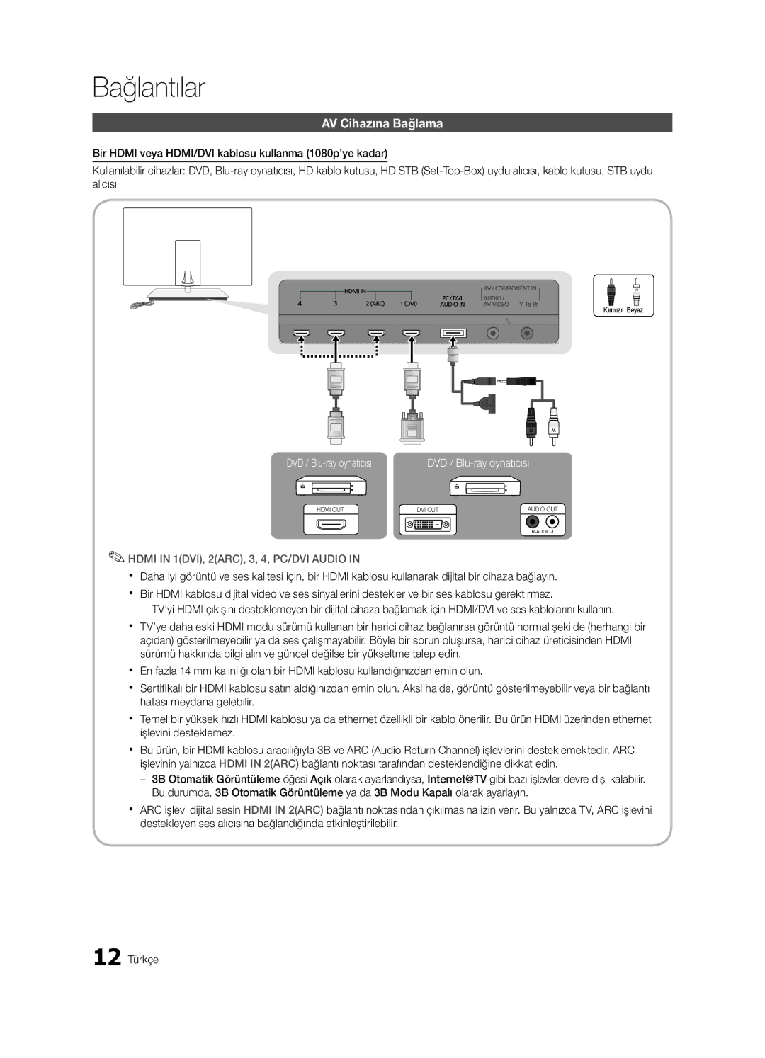 Samsung UE46C9000ZWXXH, UE55C9000ZWXXC, UE46C9000ZWXXN, UE55C9000SWXXN, UE55C9000ZWXXN manual Bağlantılar, AV Cihazına Bağlama 