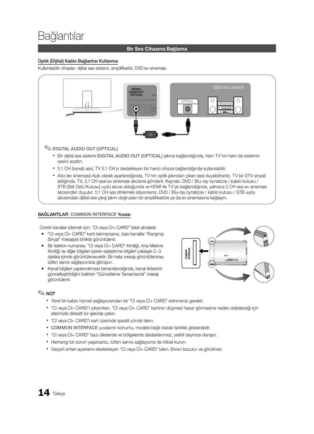 Samsung UE46C9000SWXZG, UE55C9000ZWXXC, UE46C9000ZWXXN, UE55C9000SWXXN, UE55C9000ZWXXN manual Bir Ses Cihazına Bağlama, Not 