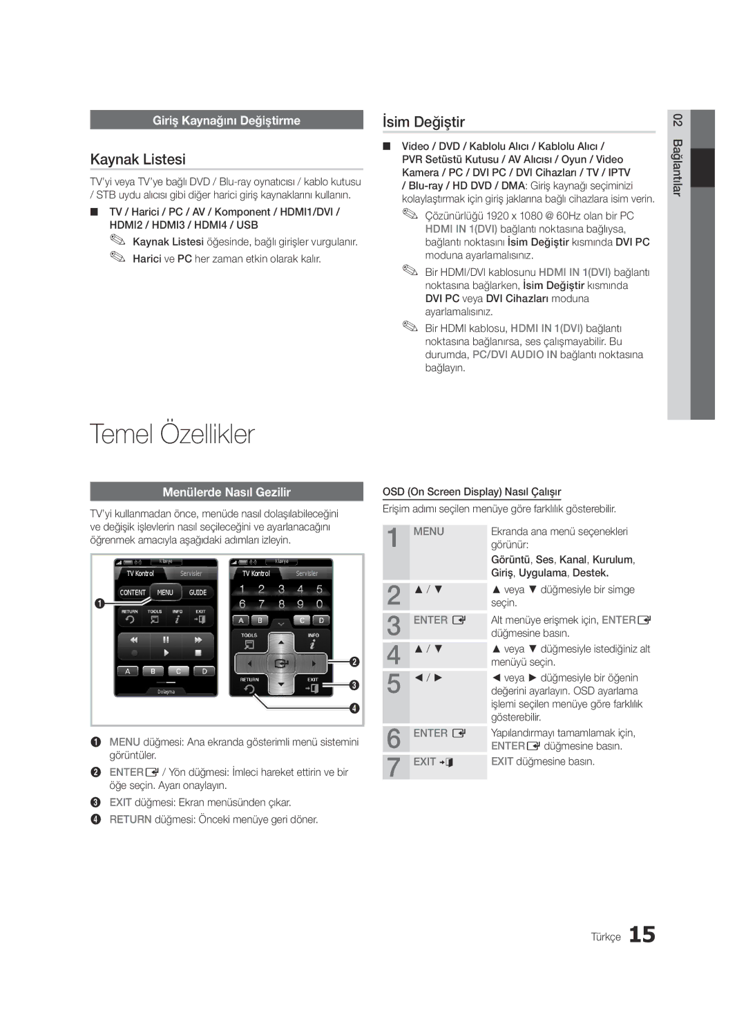 Samsung UE55C9000SWXZG, UE55C9000ZWXXC manual Temel Özellikler, Kaynak Listesi, İsim Değiştir, Giriş Kaynağını Değiştirme 