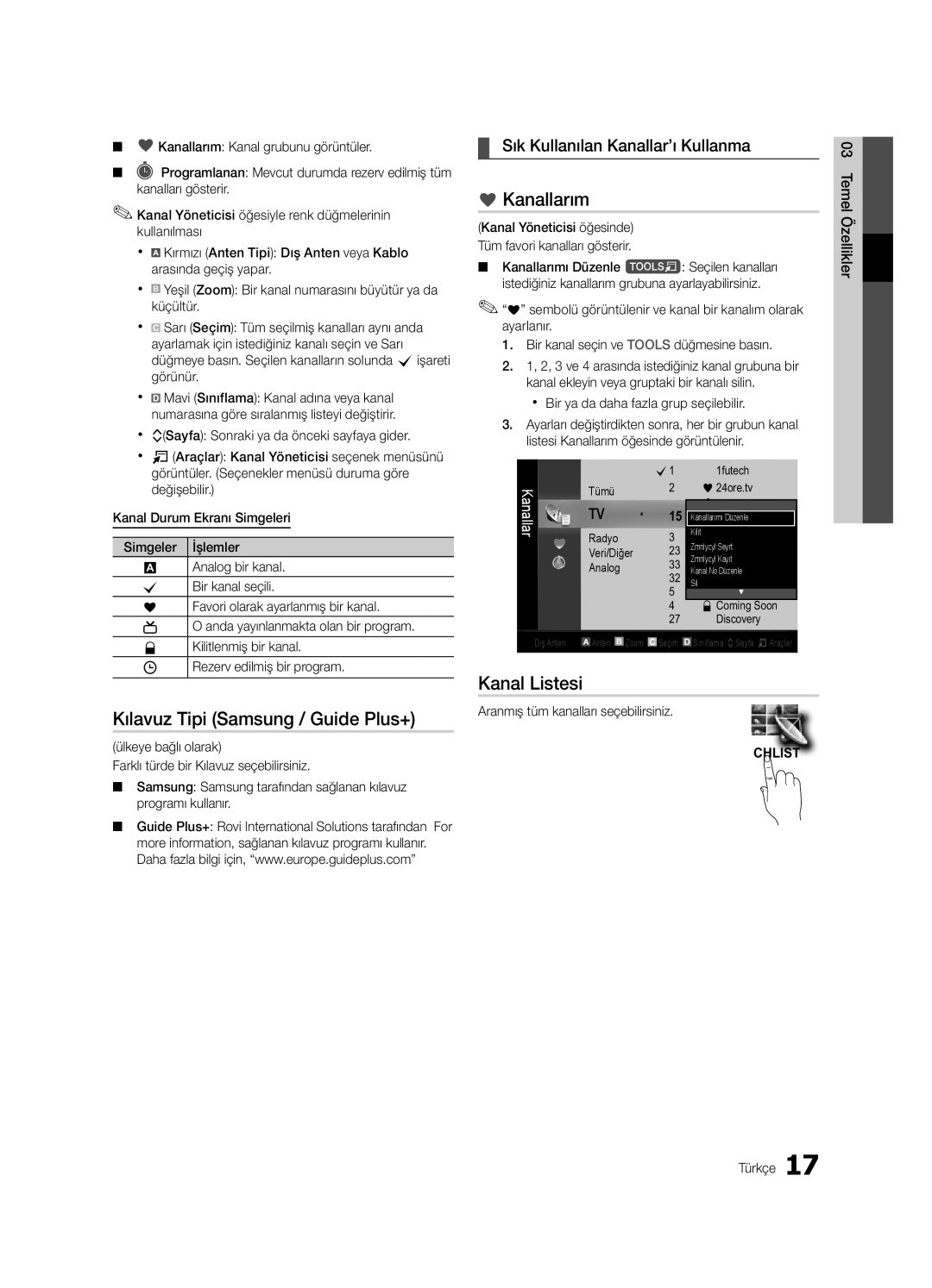 Samsung UE46C9000ZWXXN Kanallarım, Kılavuz Tipi Samsung / Guide Plus+, Kanal Listesi, Sık Kullanılan Kanallar’ı Kullanma 