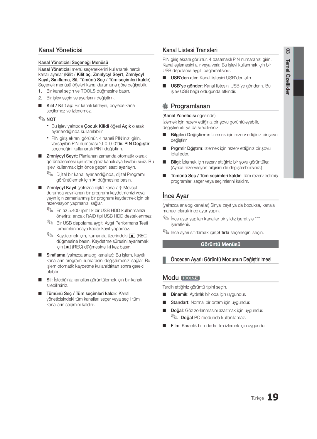 Samsung UE55C9000ZWXXN, UE55C9000ZWXXC manual Kanal Listesi Transferi, Programlanan, İnce Ayar, Modu t, Görüntü Menüsü 