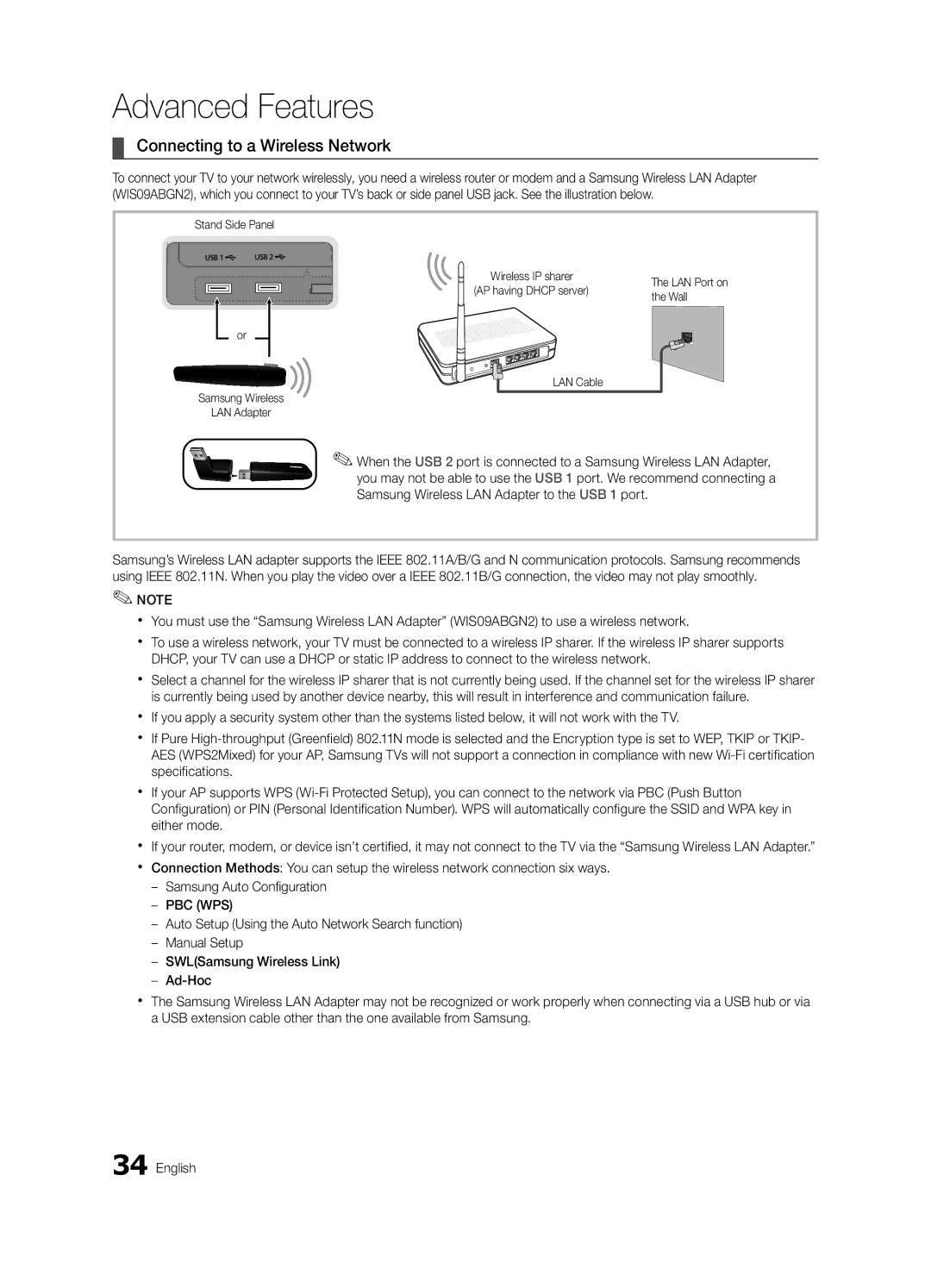 Samsung UE55C9000SWXXC, UE55C9000ZWXXC manual Connecting to a Wireless Network, Wall, LAN Cable Samsung Wireless LAN Adapter 