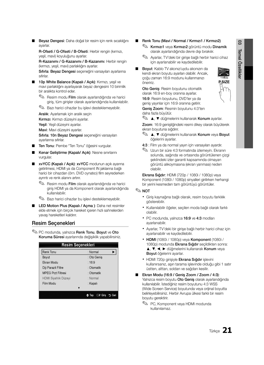 Samsung UE46C9000SWXXN, UE55C9000ZWXXC Resim Seçenekleri, Renk Tonu Mavi / Normal / Kırmızı1 / Kırmızı2, Film Modu Kapalı 