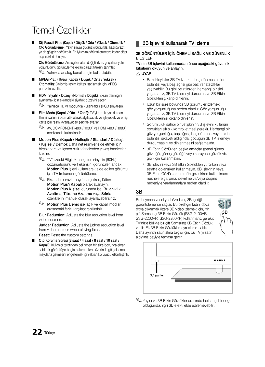 Samsung UE46C9000ZWXXC, UE55C9000ZWXXC, UE46C9000ZWXXN, UE55C9000SWXXN manual 3B işlevini kullanarak TV izleme, Uyari 