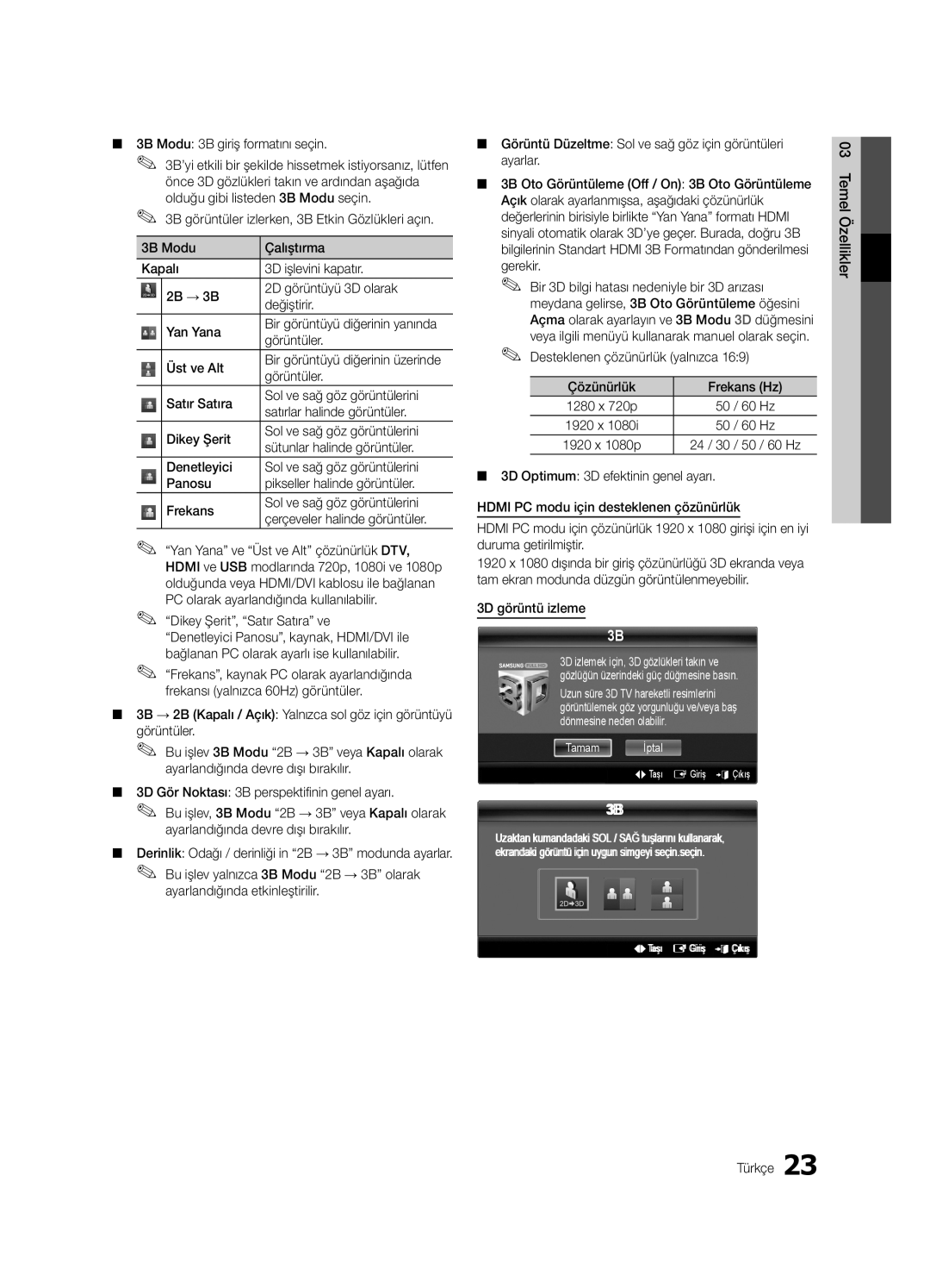 Samsung UE55C9000SWXZF manual Görüntüler, Üst ve Alt, Desteklenen çözünürlük yalnızca Çözünürlük, 3D görüntü izleme 