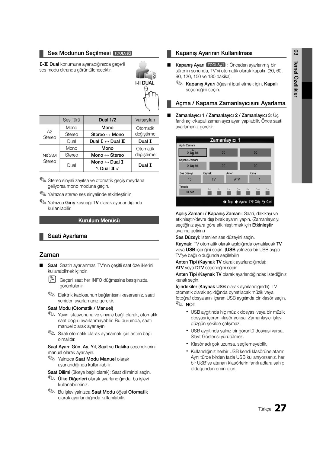 Samsung UE46C9000SWXXC, UE55C9000ZWXXC manual Zaman, Ses Modunun Seçilmesi t, Saati Ayarlama, Kapanış Ayarının Kullanılması 