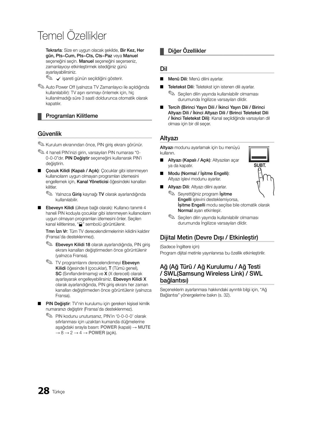 Samsung UE46C9000SWXXH manual Güvenlik, Dil, Altyazı, Dijital Metin Devre Dışı / Etkinleştir, Programları Kilitleme 