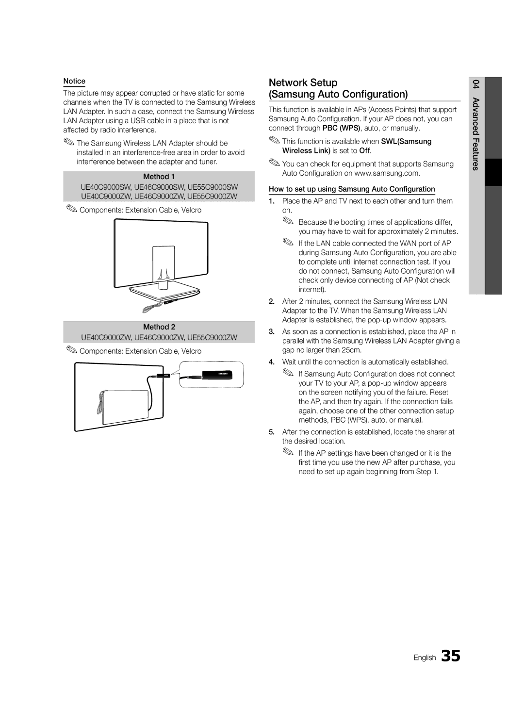 Samsung UE55C9000SWXXH manual Network Setup Samsung Auto Configuration, Components Extension Cable, Velcro Method 