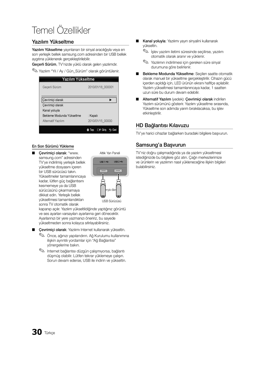 Samsung UE55C9000SWXXH, UE55C9000ZWXXC, UE46C9000ZWXXN manual Yazılım Yükseltme, HD Bağlantısı Kılavuzu, Samsung’a Başvurun 