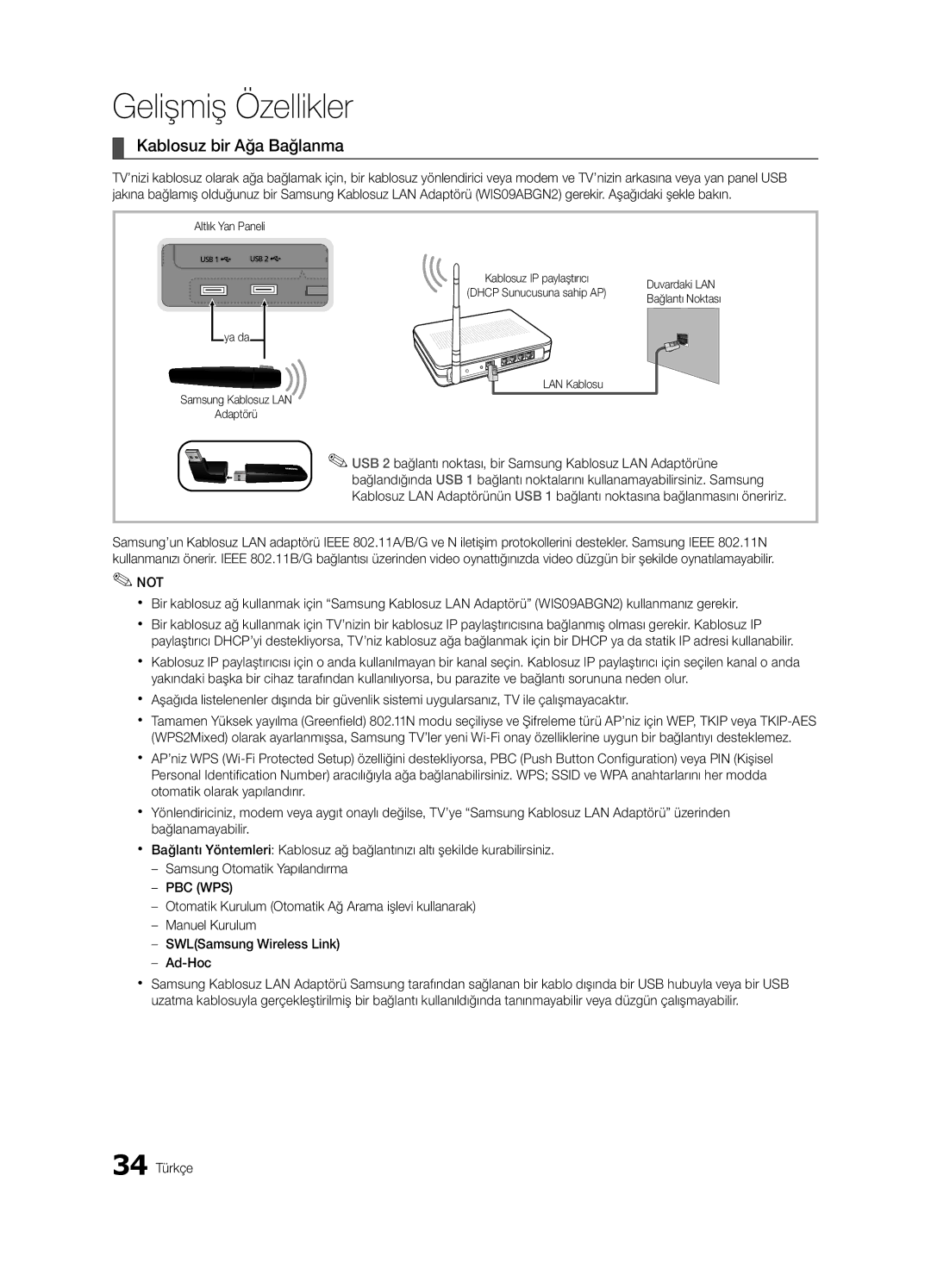 Samsung UE40C9000SWXZG Kablosuz bir Ağa Bağlanma, USB 2 bağlantı noktası, bir Samsung Kablosuz LAN Adaptörüne, 34 Türkçe 