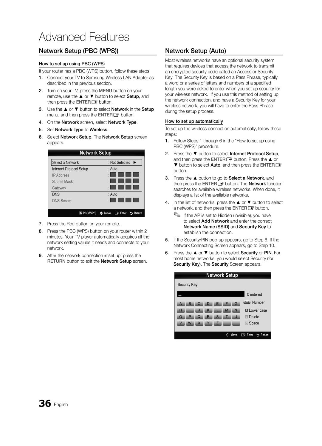 Samsung UE40C9000SWXXH, UE55C9000ZWXXC, UE46C9000ZWXXN manual Network Setup PBC WPS, Security Key Entered ~9 Number, Delete 