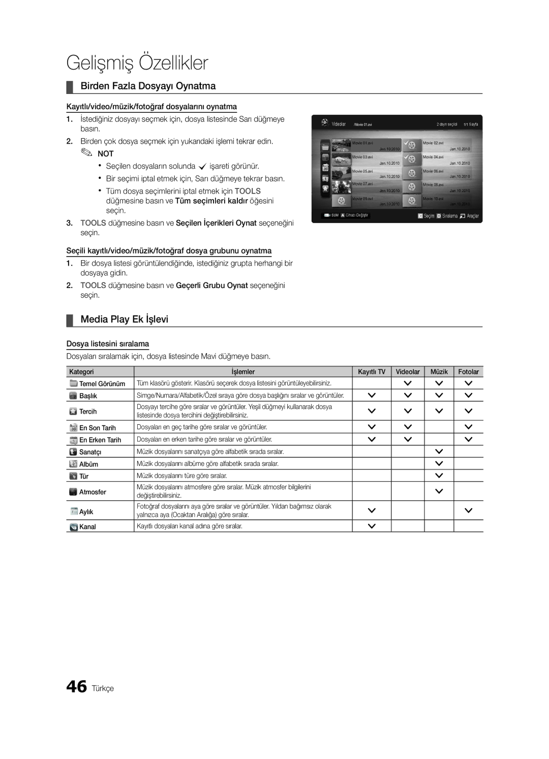 Samsung UE46C9000ZWXZF, UE55C9000ZWXXC, UE46C9000ZWXXN manual Birden Fazla Dosyayı Oynatma, Media Play Ek İşlevi, 46 Türkçe 