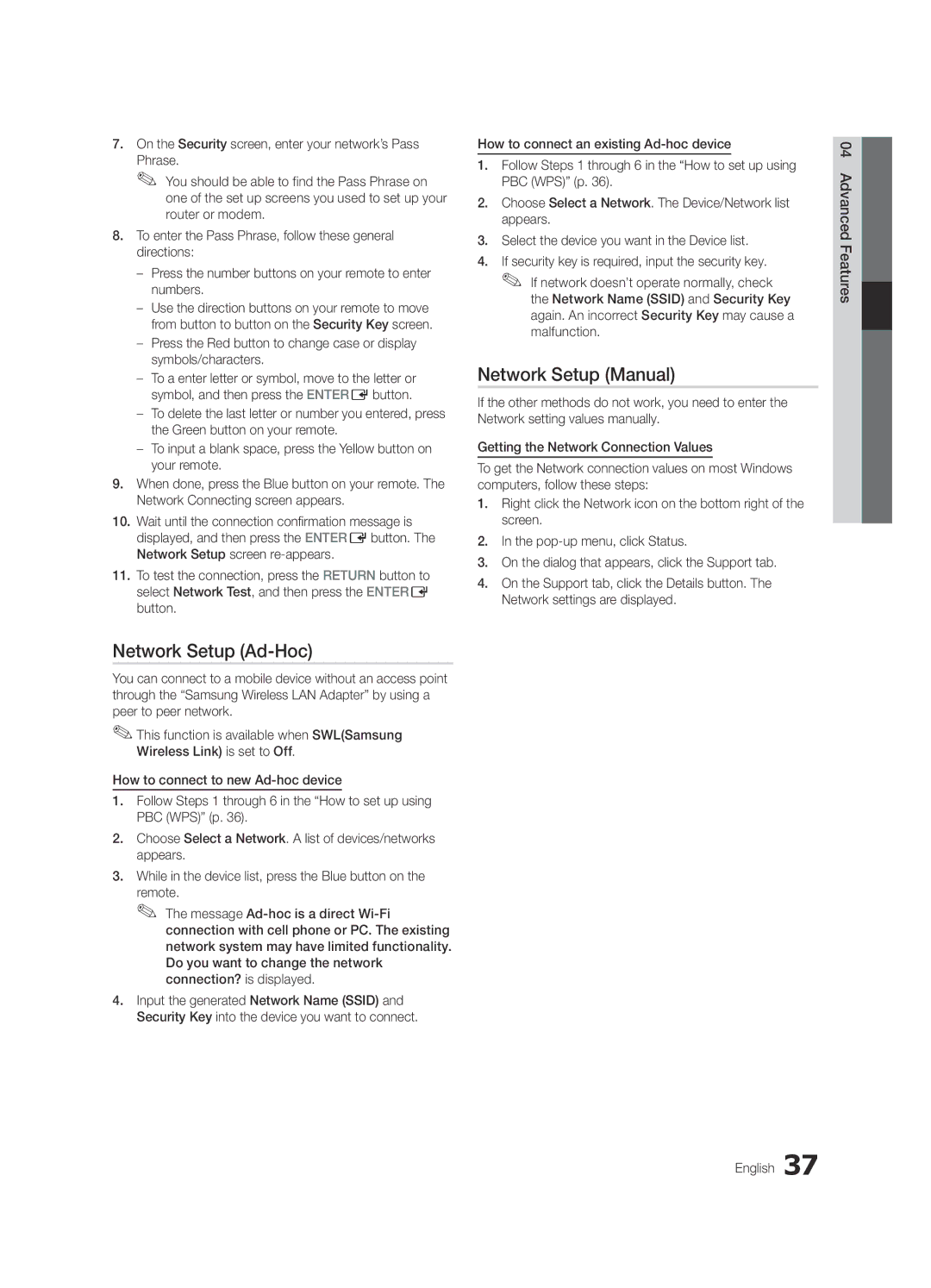 Samsung UE55C9000ZWXXH, UE55C9000ZWXXC, UE46C9000ZWXXN, UE55C9000SWXXN manual Network Setup Ad-Hoc, Network Setup Manual 