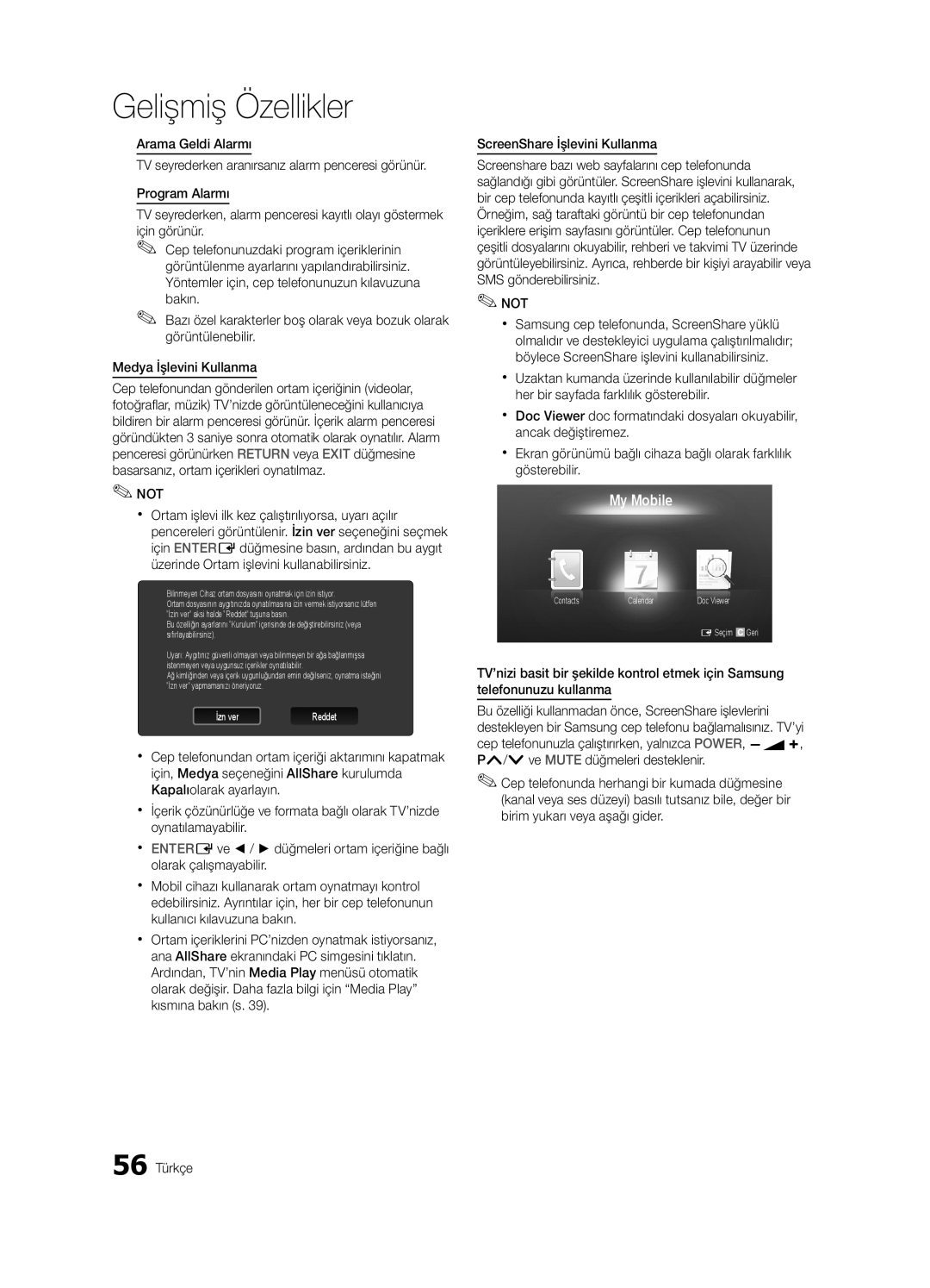 Samsung UE46C9000SWXZG, UE55C9000ZWXXC manual 56 Türkçe, Bilinmeyen Cihaz ortam dosyasını oynatmak için izin istiyor 