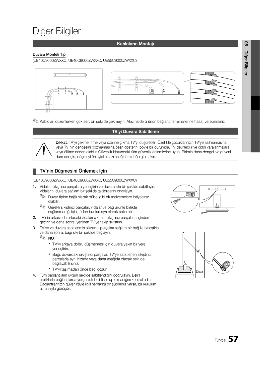 Samsung UE55C9000SWXZG manual Diğer Bilgiler, TV’nin Düşmesini Önlemek için, Kabloların Montajı, TV’yi Duvara Sabitleme 