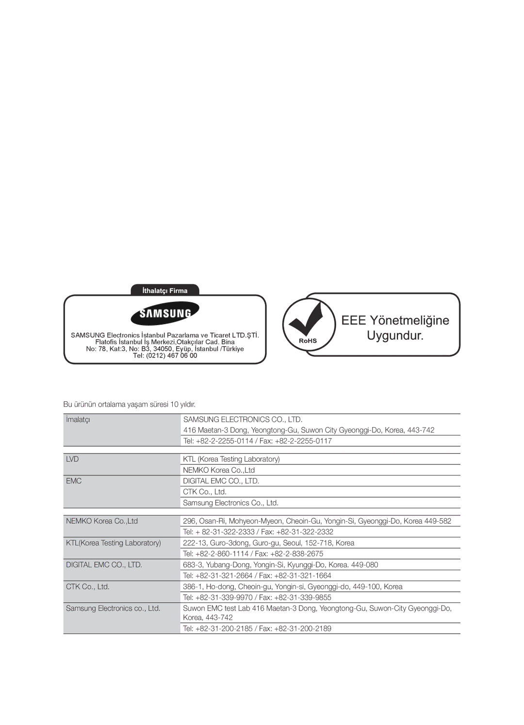 Samsung UE55C9000SWXZF, UE55C9000ZWXXC manual KTL Korea Testing Laboratory, Tel + 82-31-322-2333 / Fax +82-31-322-2332 