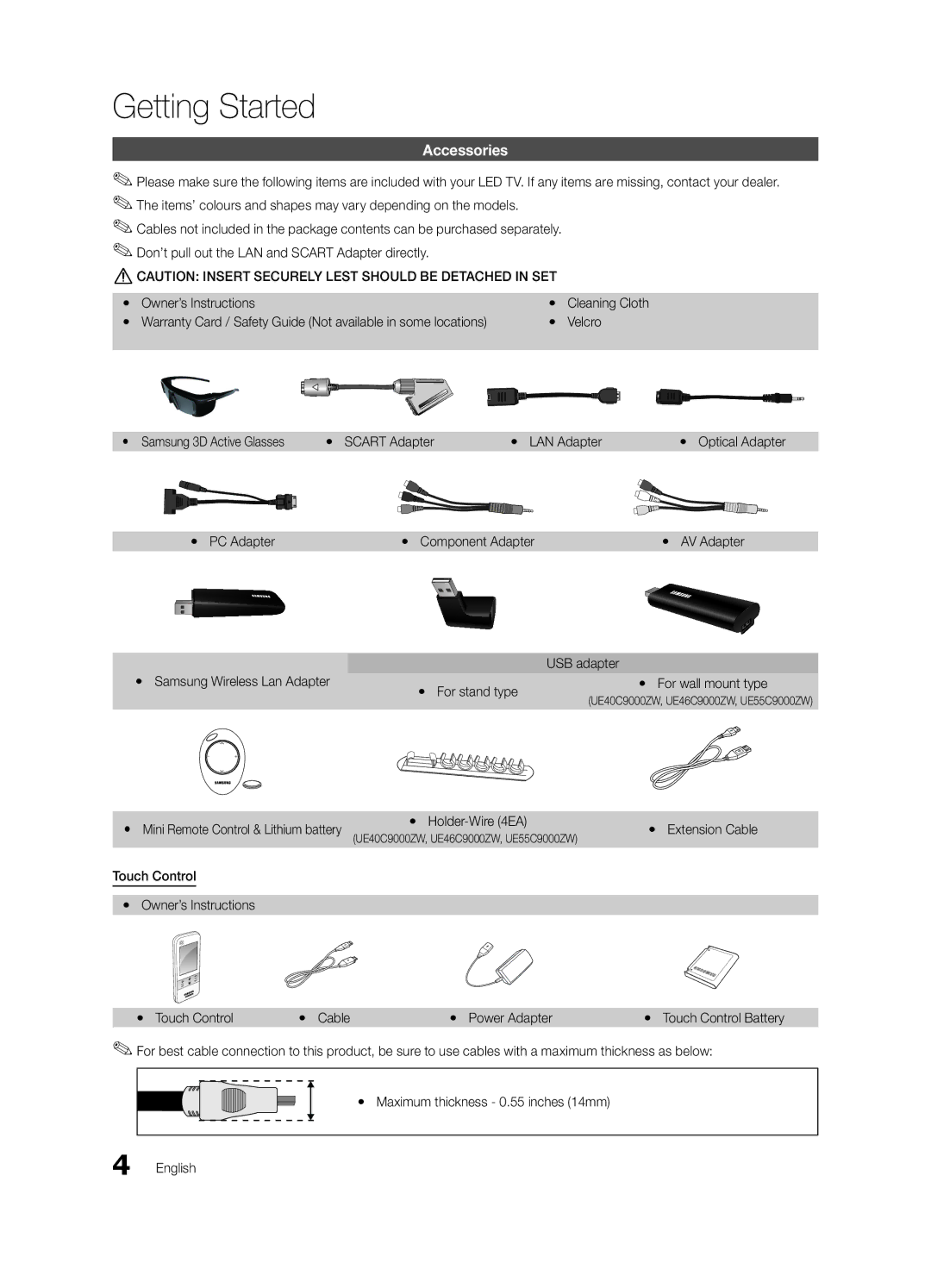 Samsung UE55C9000ZWXTK, UE55C9000ZWXXC, UE46C9000ZWXXN, UE55C9000SWXXN, UE55C9000ZWXXN manual Getting Started, Accessories 