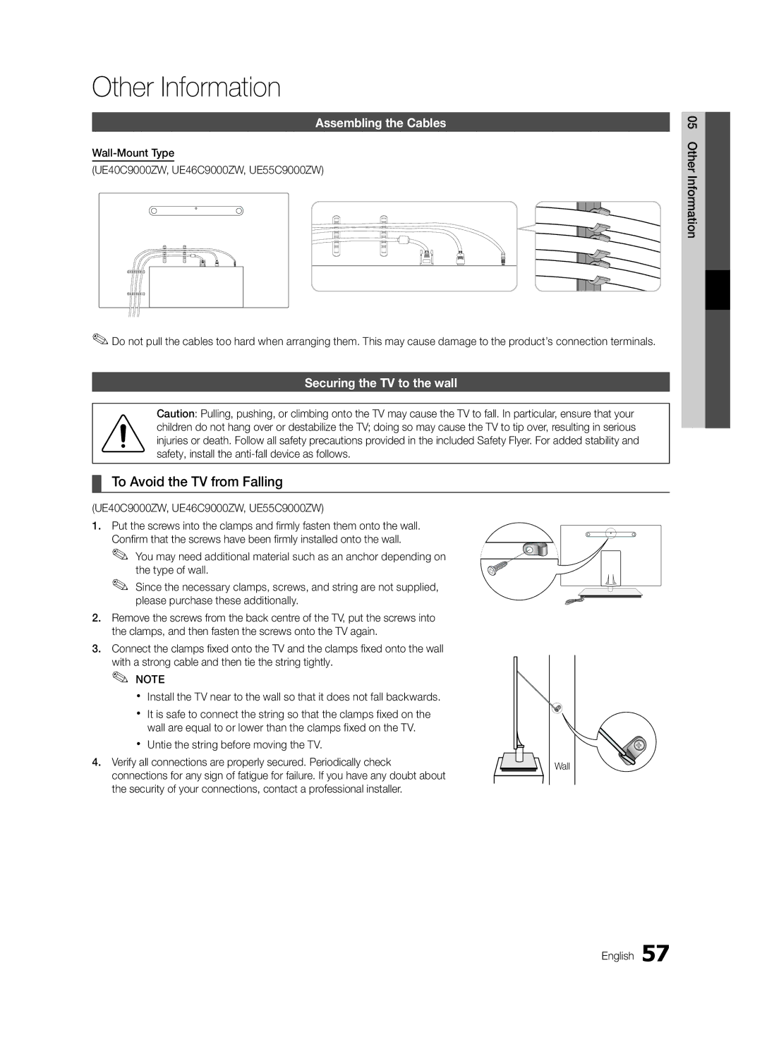 Samsung UE40C9000SWXXH Other Information, To Avoid the TV from Falling, Assembling the Cables, Securing the TV to the wall 