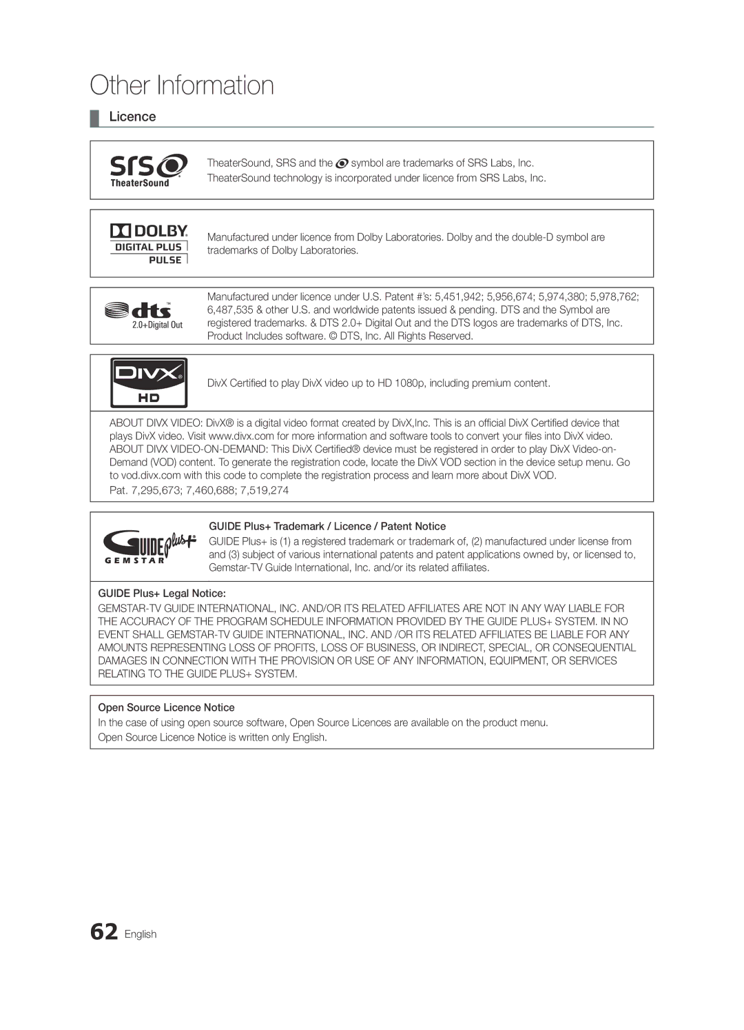 Samsung UE55C9000SWXZG, UE55C9000ZWXXC, UE46C9000ZWXXN, UE55C9000SWXXN, UE55C9000ZWXXN manual Licence, Guide Plus+ Legal Notice 