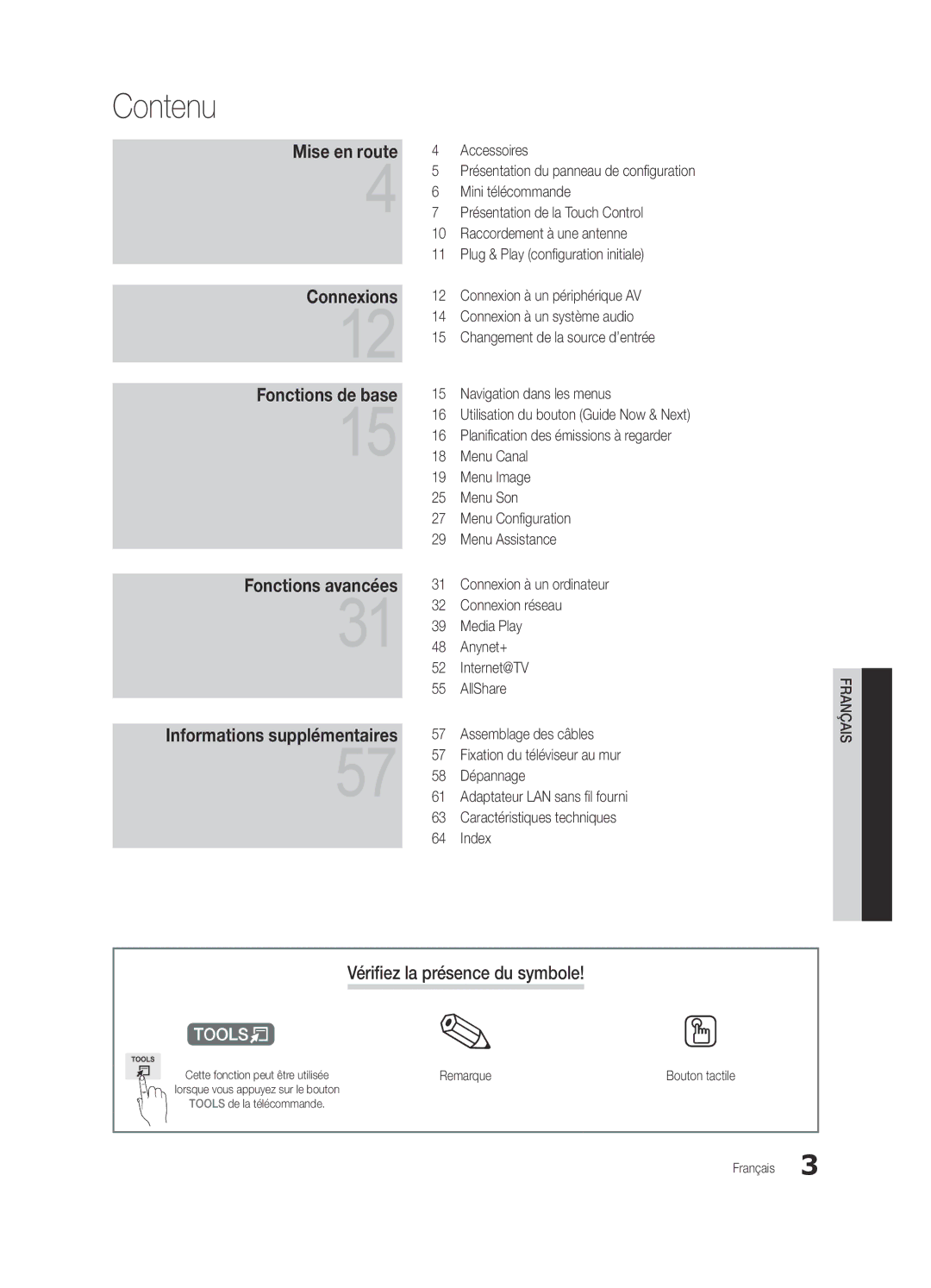 Samsung UE55C9000ZWXTK, UE55C9000ZWXXC, UE46C9000ZWXXN, UE55C9000SWXXN Contenu, Vérifiez la présence du symbole, Remarque 