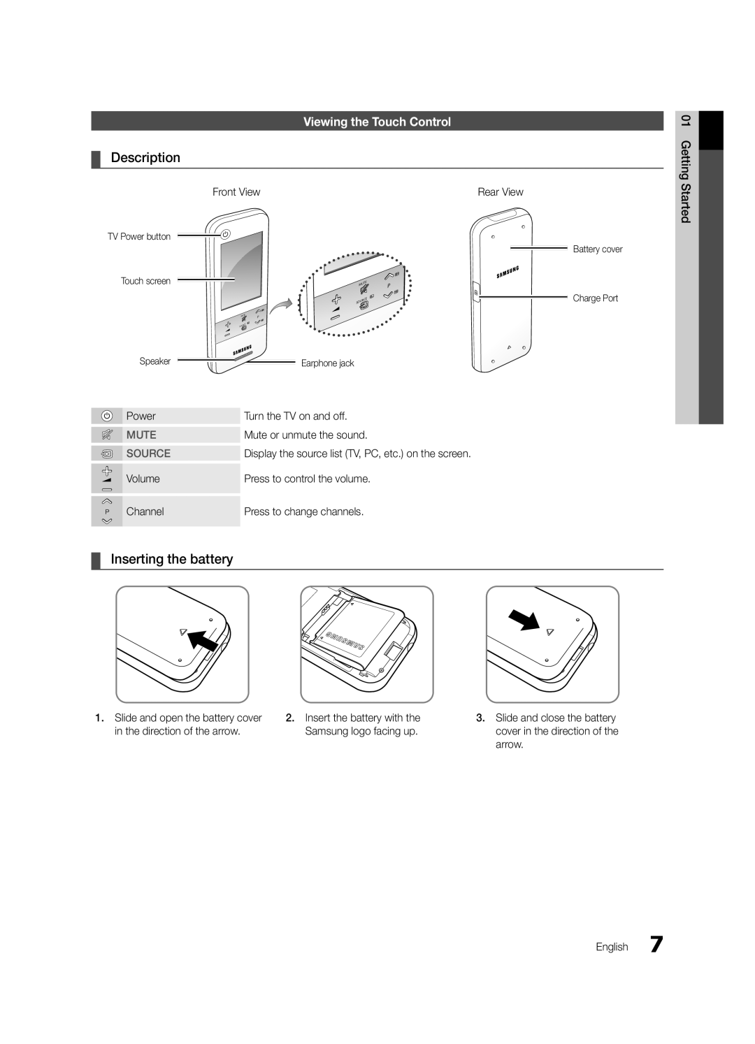 Samsung UE55C9000SWXZF manual Viewing the Touch Control, Front View, Power Turn the TV on and off, Mute or unmute the sound 