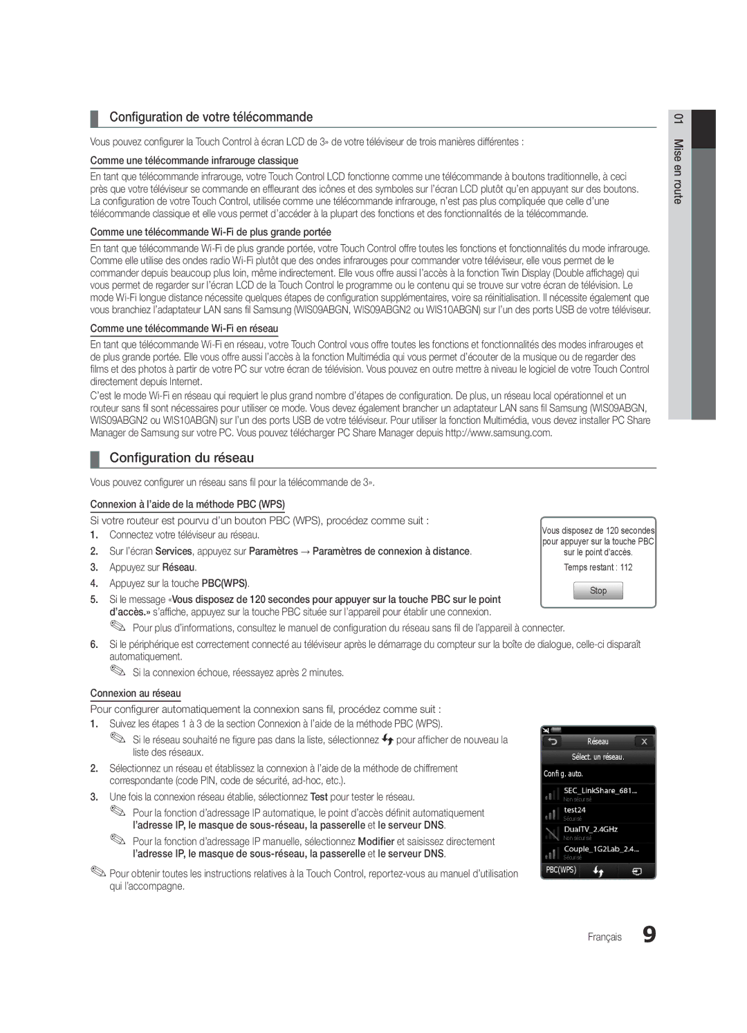 Samsung UE55C9000ZWXZF, UE55C9000ZWXXC, UE46C9000ZWXXN manual Configuration de votre télécommande, Configuration du réseau 