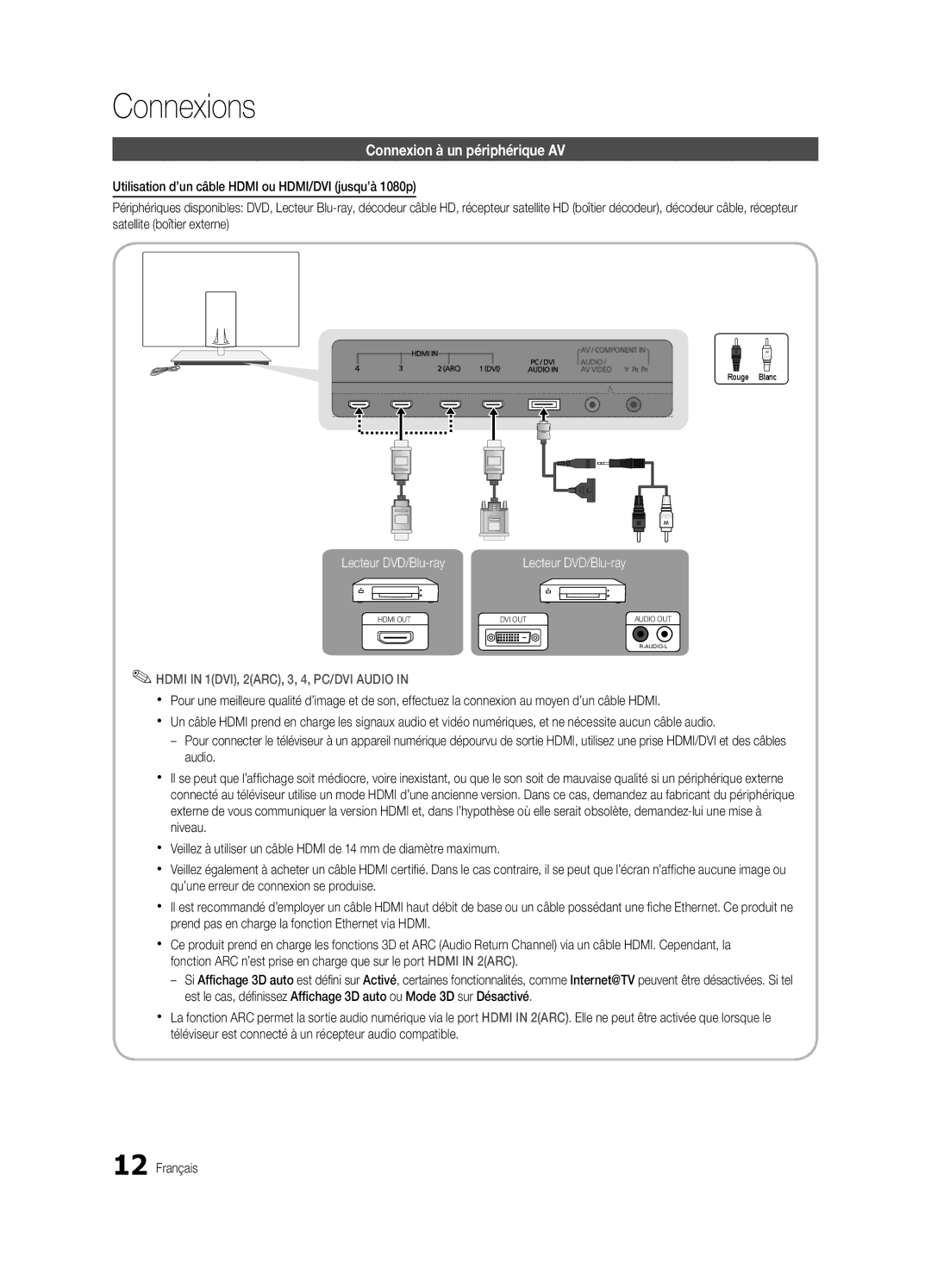 Samsung UE55C9000SWXXC, UE55C9000ZWXXC, UE46C9000ZWXXN manual Connexions, Connexion à un périphérique AV, Lecteur DVD/Blu-ray 