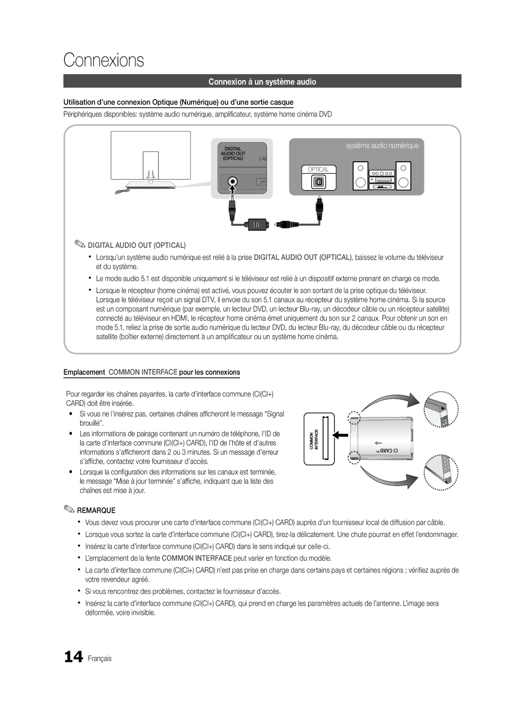 Samsung UE40C9000SWXXH, UE55C9000ZWXXC, UE46C9000ZWXXN, UE55C9000SWXXN, UE55C9000ZWXXN Connexion à un système audio, Remarque 