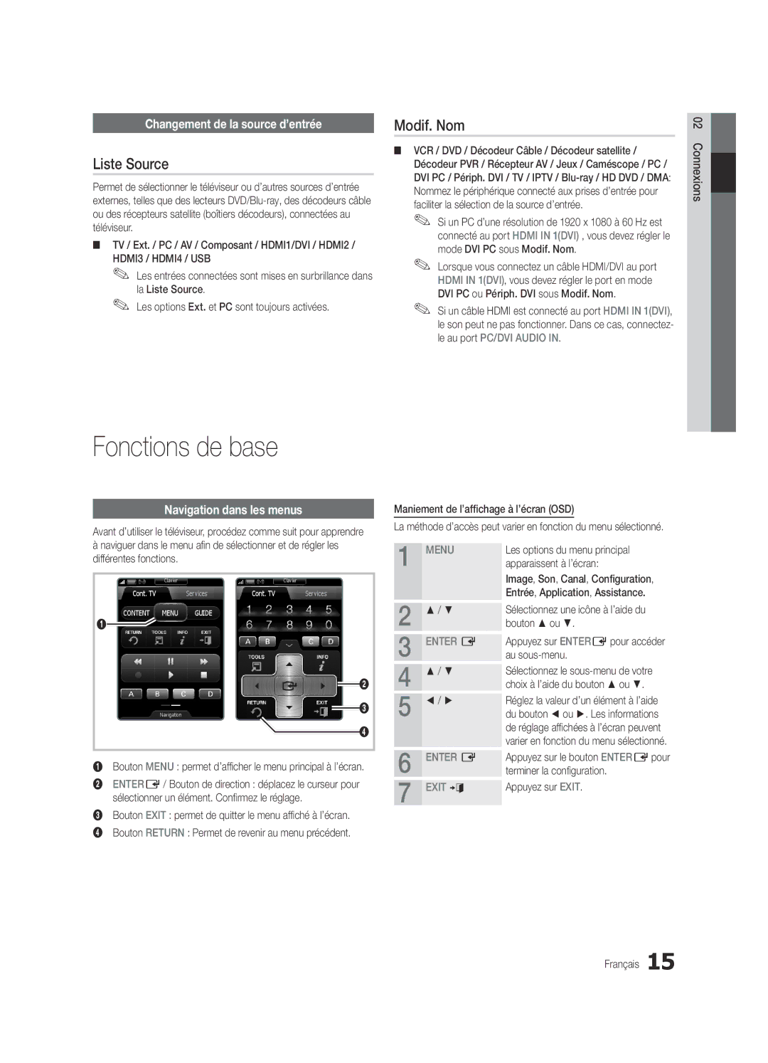 Samsung UE55C9000ZWXXH, UE55C9000ZWXXC manual Fonctions de base, Liste Source, Modif. Nom, Changement de la source d’entrée 