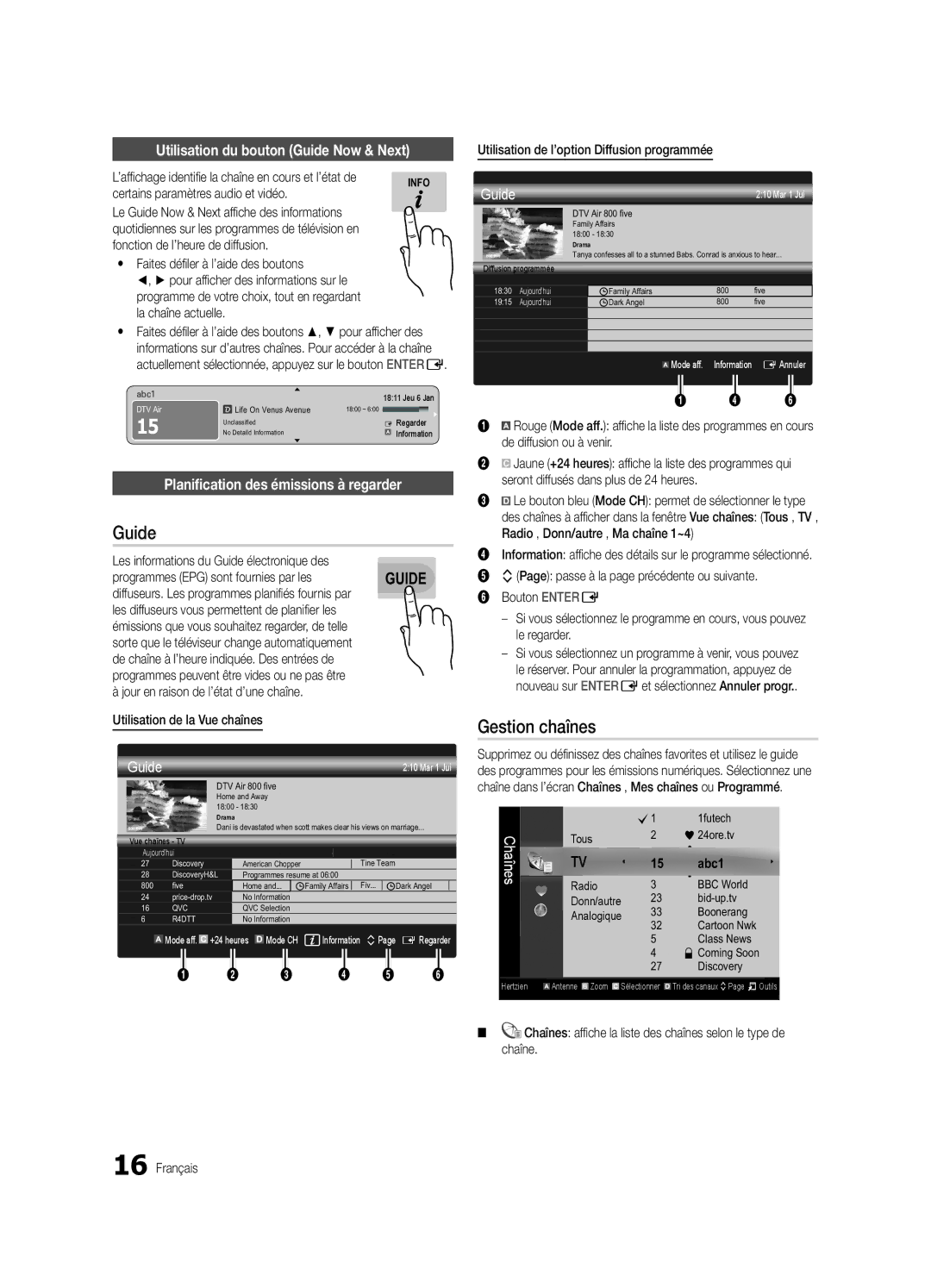 Samsung UE46C9000ZWXXH Gestion chaînes, Utilisation du bouton Guide Now & Next, Planification des émissions à regarder 