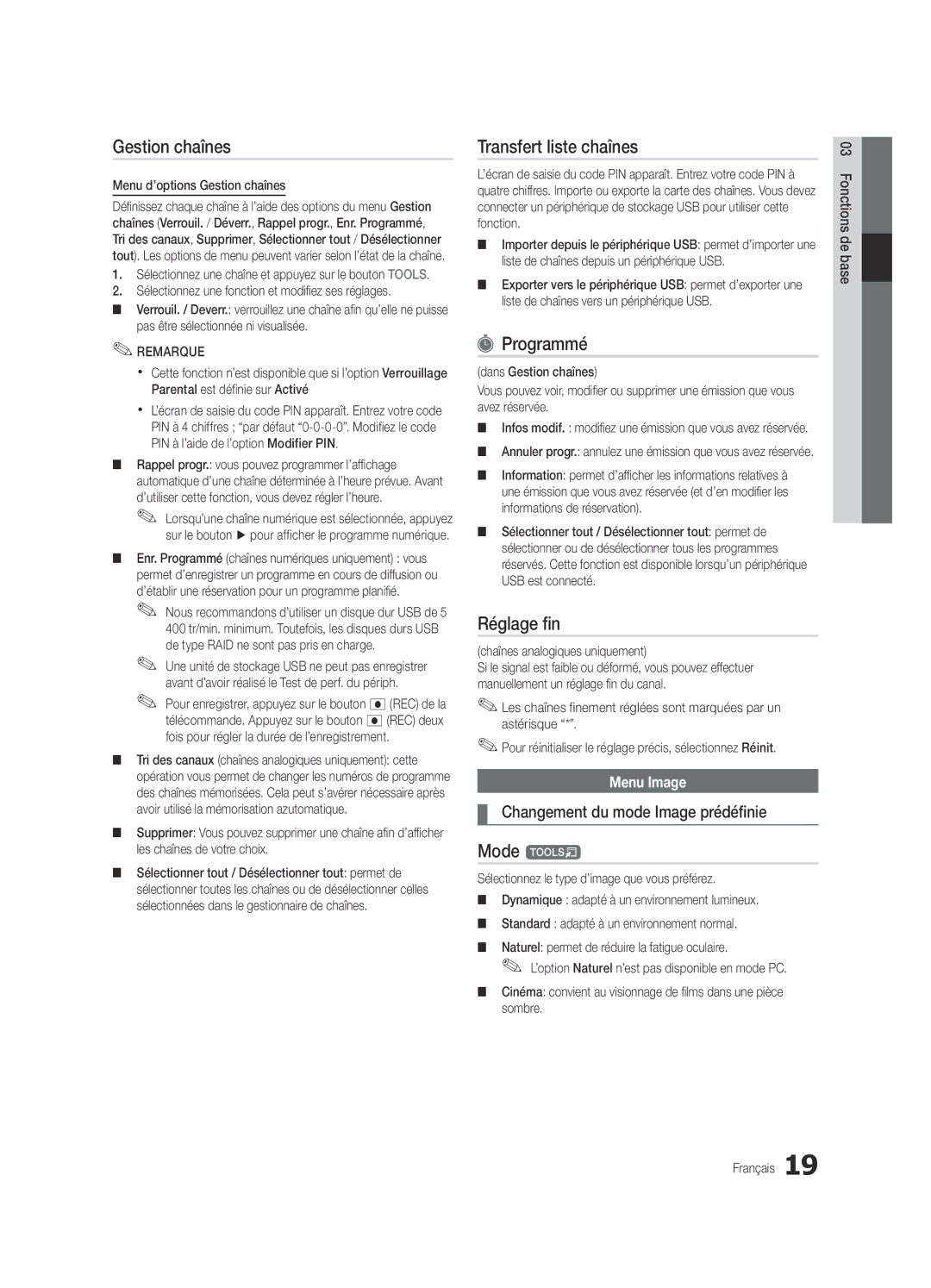 Samsung UE55C9000SWXZG Transfert liste chaînes, Programmé, Réglage fin, Changement du mode Image prédéfinie, Menu Image 